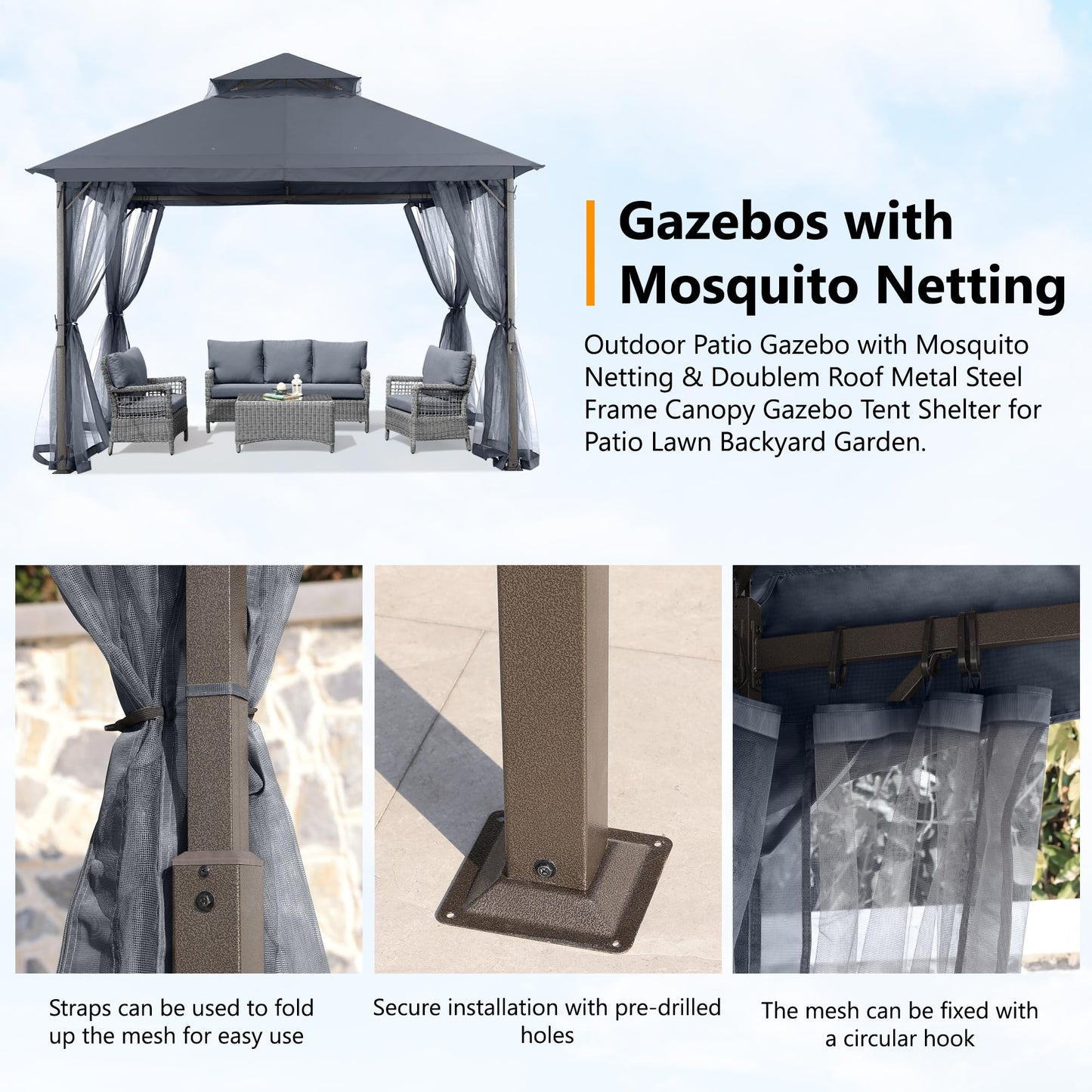 ABCCANOPY Outdoor Patio Gazebo 11x11 - Double Roof Canopy with Mosquito Netting for Backyard, Deck, Garden, Lawn, Dark Gray