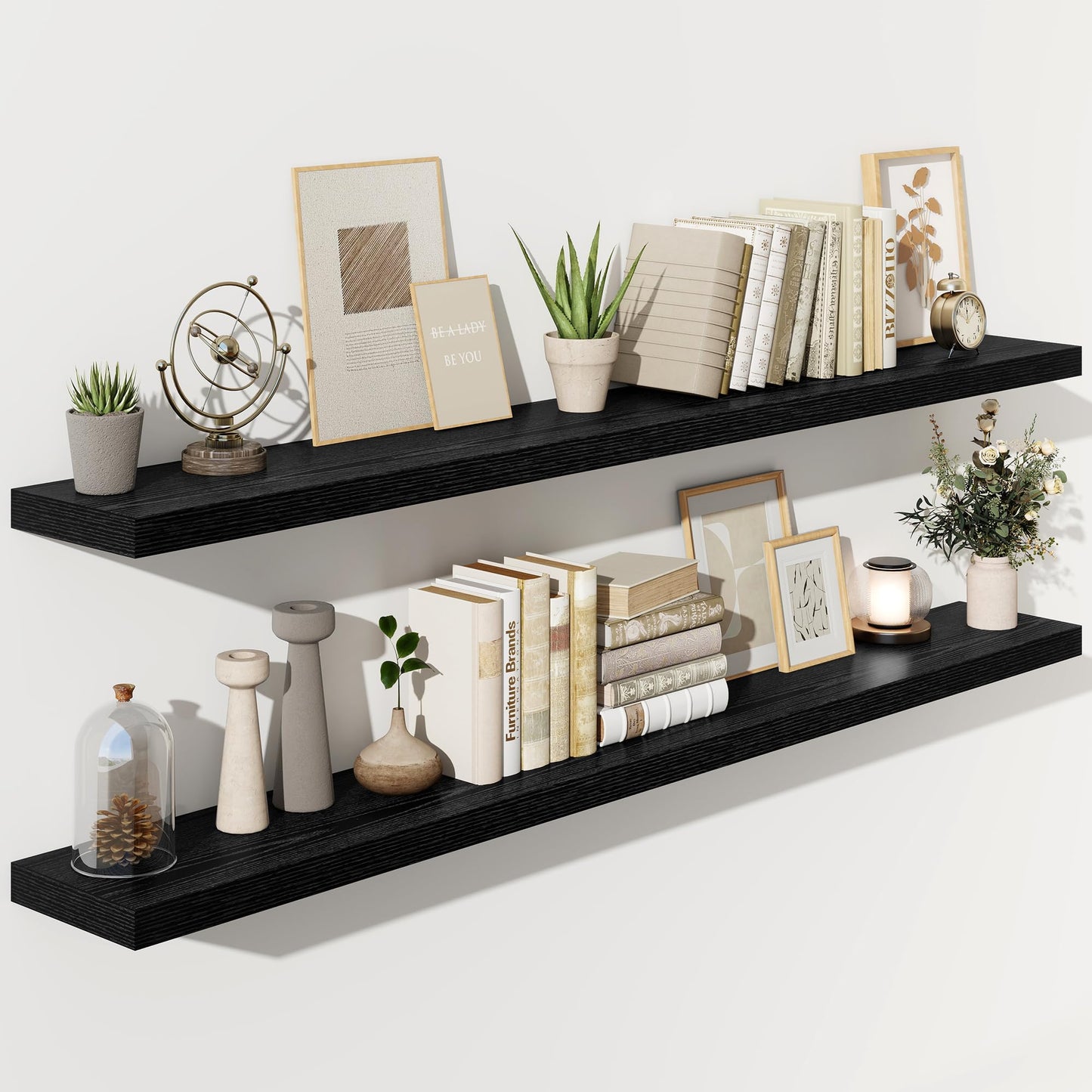 Fun Memories 72 Inch Floating Shelves for Wall, Fireplace Mantel Shelf with Invisible Heavy Duty Bracket, 8 Inch Deep Storage Shelf for Living Room, Kitchen, Farmhouse, Black (2-Pack)