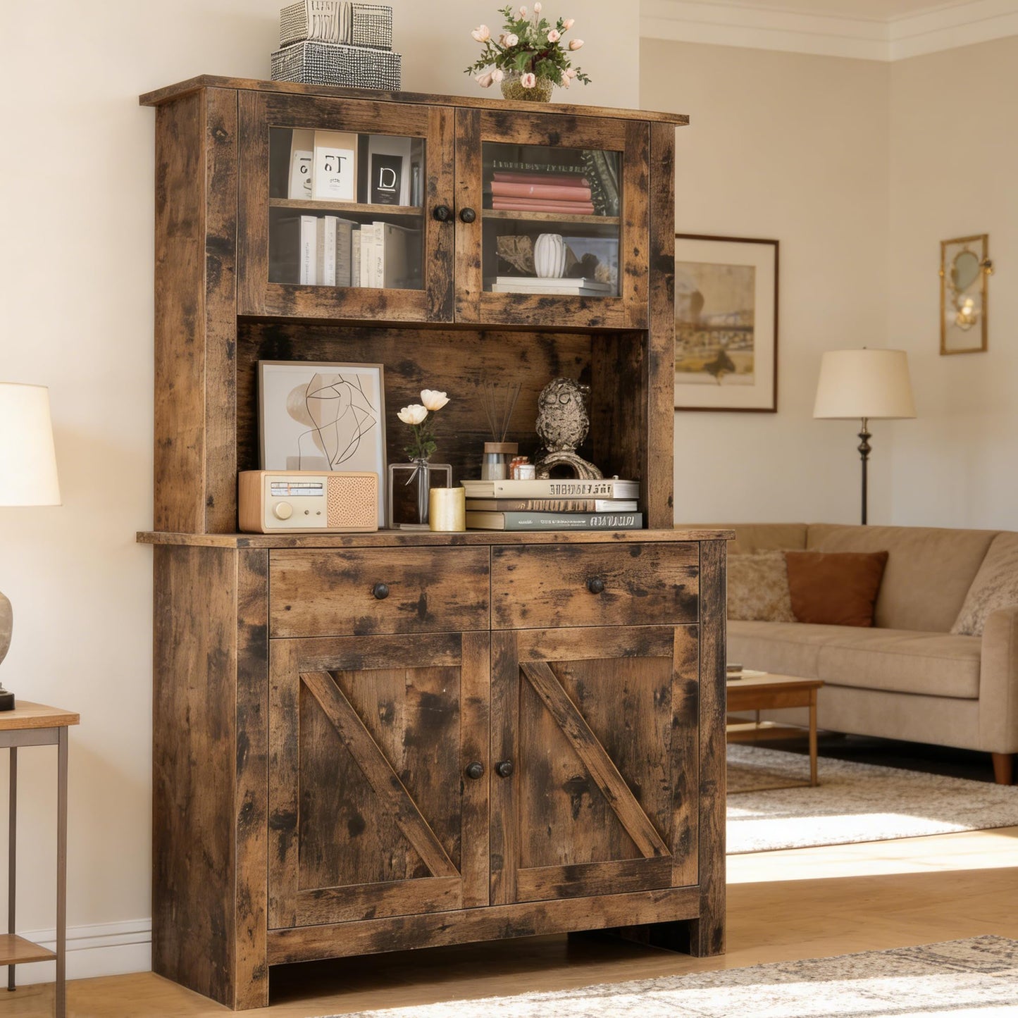 IDEALHOUSE 63" Kitchen Pantry Cabinet with Drawers, Hutch Cabinet with Storage, Microwave Stand, Adjustable Shelves, Freestanding Tall Pantry Storage for Dining Room, Living Room, Rustic Brown