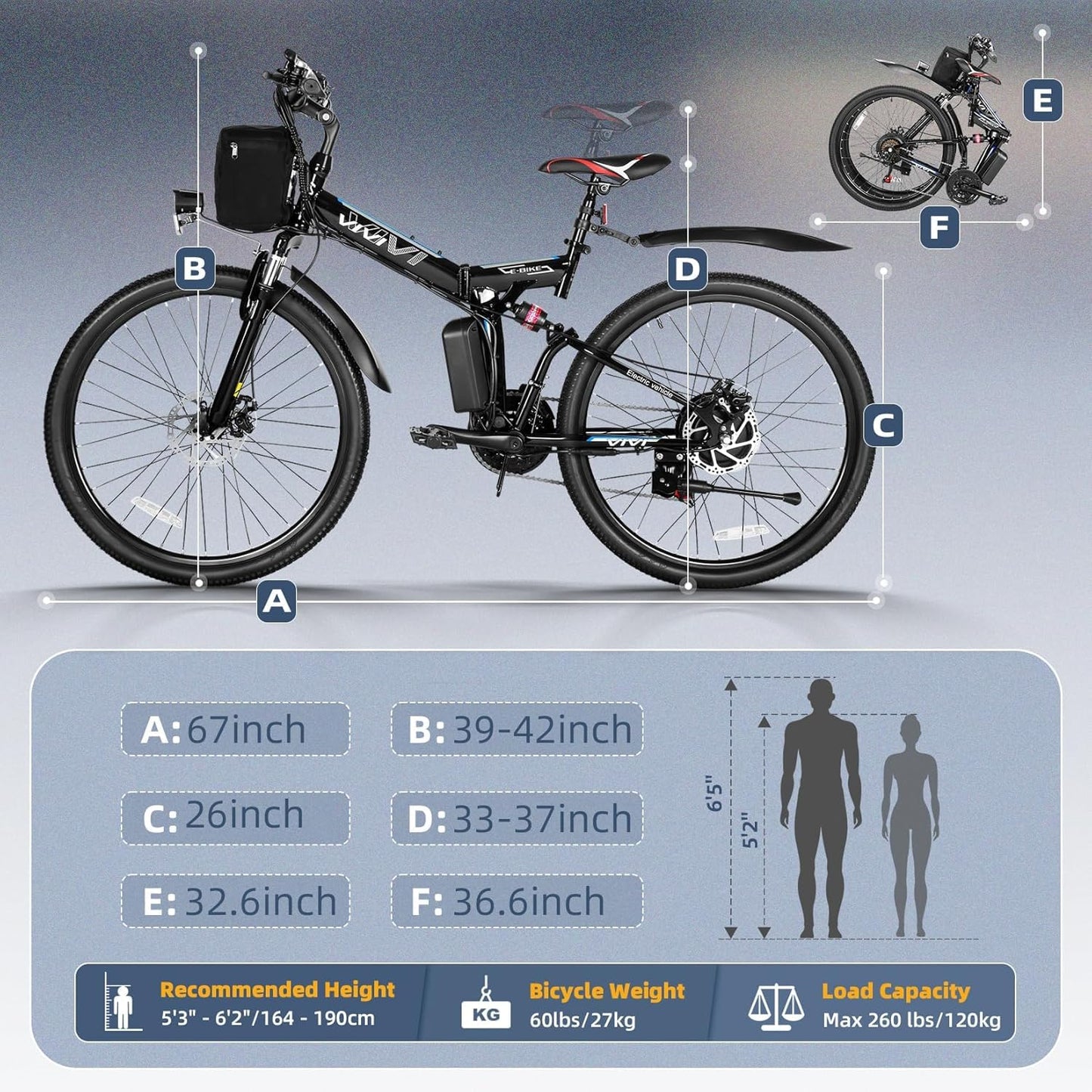 Vivi M026TGB Electric Bike 26" Electric Bike for Adults, 500W Motor Folding Electric Mountain Bike, 48V Removable Battery Ebike, 21 Speed Ebike, Up to 50 Miles, SGS Certified to UL2849