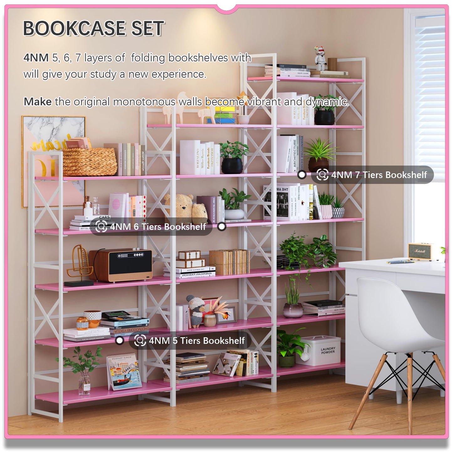 4NM 6 Tiers No Assembly Book Shelves, 61.8" H Folding Bookshelf Bookcase Open Industrial Foldable Shelves for Bedroom, Living Room, Home Office - Pink White