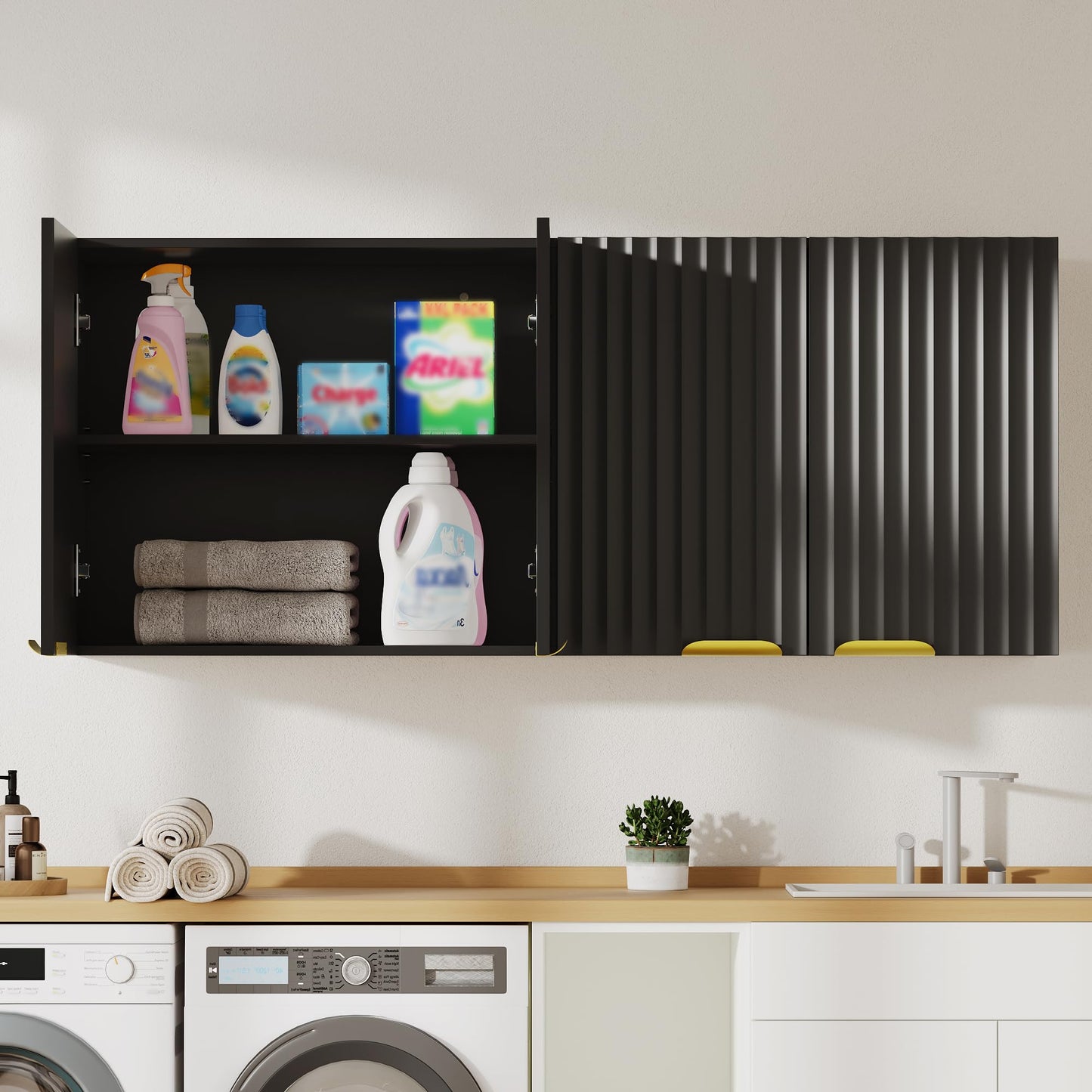 ChooChoo 4 Doors Wall Cabinet Laundry Room, Bathroom Wall Cabinet with Adjustable Shelf, Fluted Wall-Mounted Medicine Cabinet, Storage Cabinet for Kitchen, Garage, Black