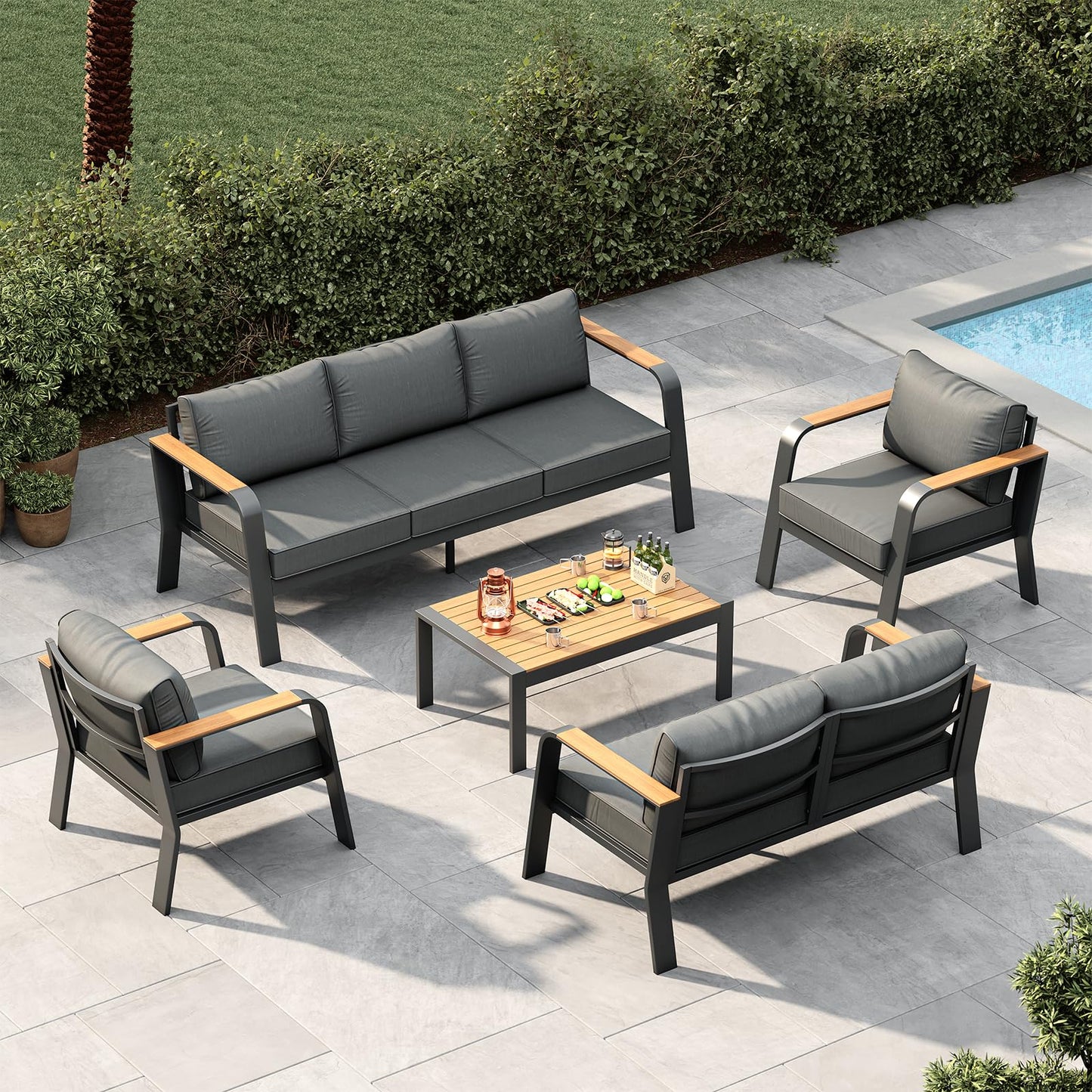 Garvee Aluminum Outdoor Patio Furniture Set with Coffee Table 7 Seats Patio Conversation Set Washable Thick Cushions All-Weather Metal Outdoor Furniture Sets for Poolside Balcony Deck, Gray