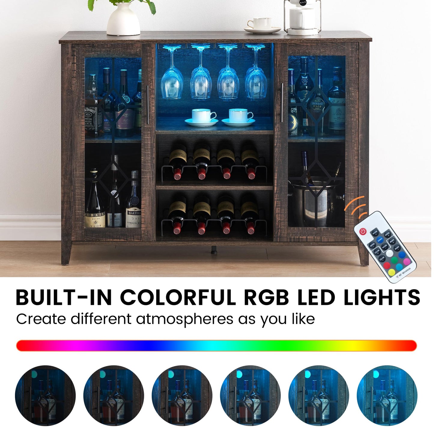 CABIHOME 47" Wine Bar Cabinet with LED Light, Farmhouse Industrial Wine Cabinet, Coffee Station with 2 Adjustable Shelves & Storage, Dining Room, Living Room, Home Bar Furniture, Oak