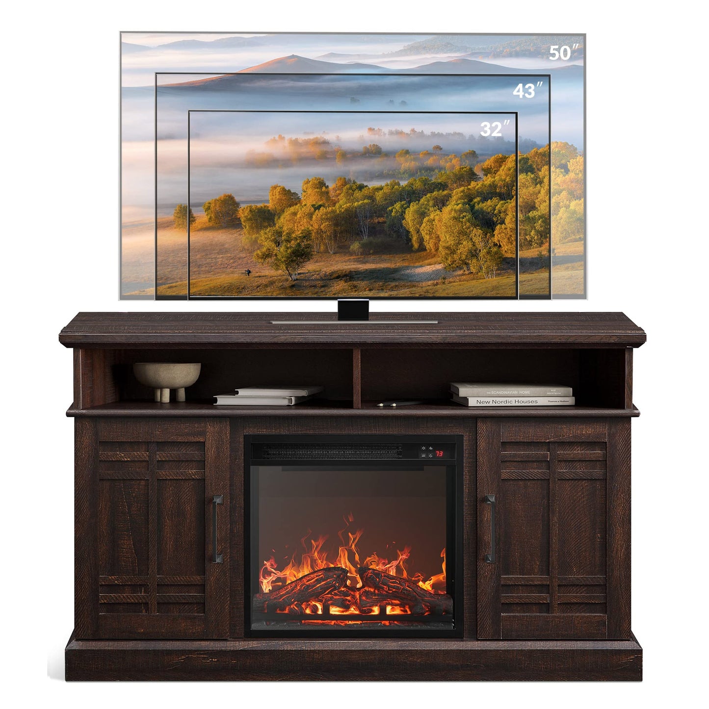 BELLEZE 48" TV Stand with 18" Electric Fireplace Heater, Modern TV Stand for TVs up to 50", Entertainment Media Stand with Open Shelves and Storage Cabinets for Living Room, Bedroom (Espresso)