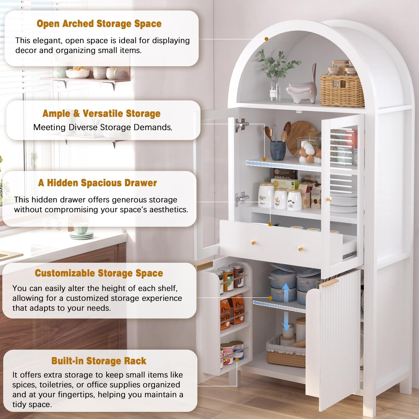 KEIKI 71" Tall Arched Kitchen Pantry Cabinet with Glass Door,Hidden Drawer,Farmhouse Storage with Adjustable Shelves Design for Kitchen,Living & Dining Room