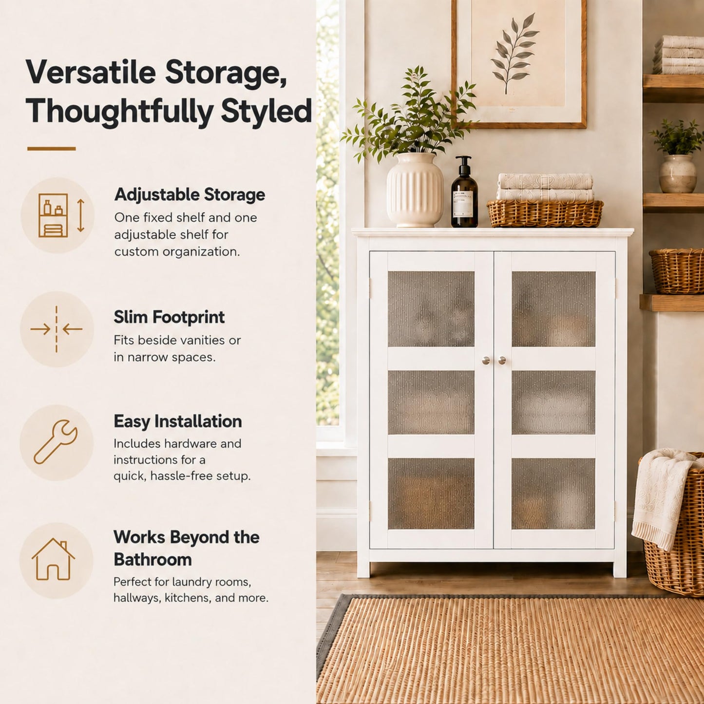 Teamson Home Conner Freestanding Two-Door Floor Storage Cabinet with 2 Adjustable Shelves, White