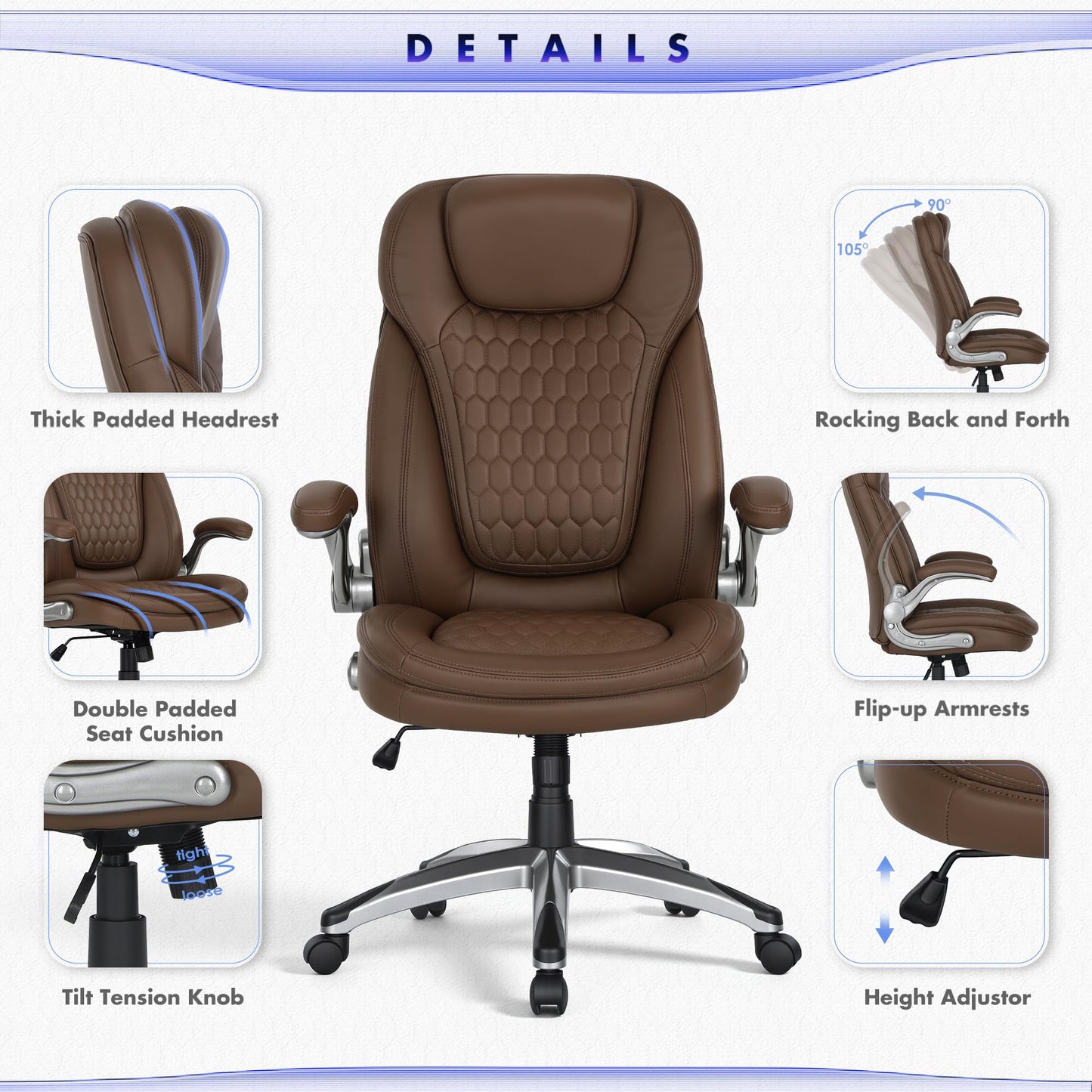 COLAMY Executive Office Chair-Ergonomic Computer Desk Chair, High Back Leather Chair with Padded Flip-up Arms, Swivel Home Office Chair Upgraded Caster, Brown
