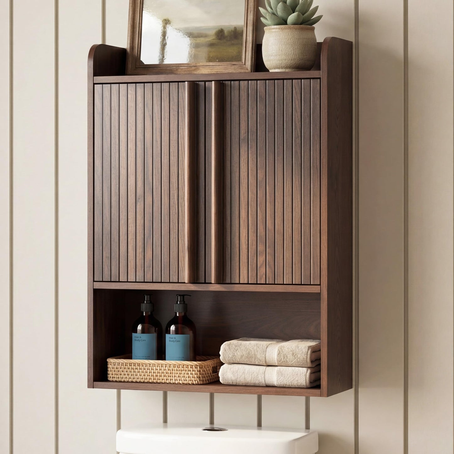 VANIRROR Fluted Wall Cabinet 33" H, Mid-Century Modern Dark Wood Bathroom Cabinet Over Toilet, Medicine Cabinet Storage with Doors & Open Shelf for Kitchen, Laundry Room and Entryway