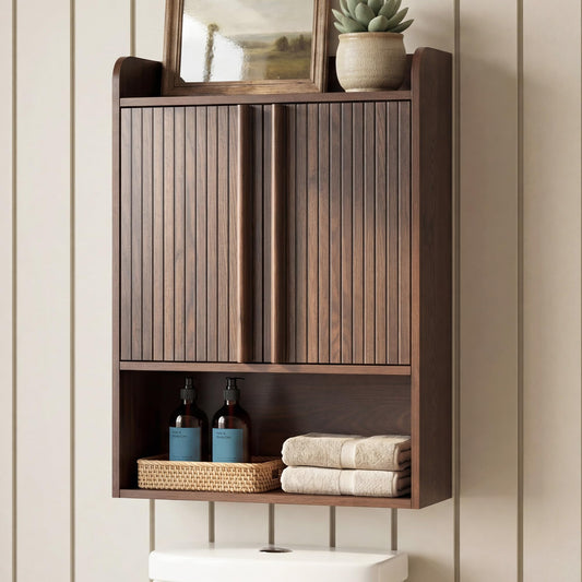 VANIRROR Fluted Wall Cabinet 33" H, Mid-Century Modern Dark Wood Bathroom Cabinet Over Toilet, Medicine Cabinet Storage with Doors & Open Shelf for Kitchen, Laundry Room and Entryway