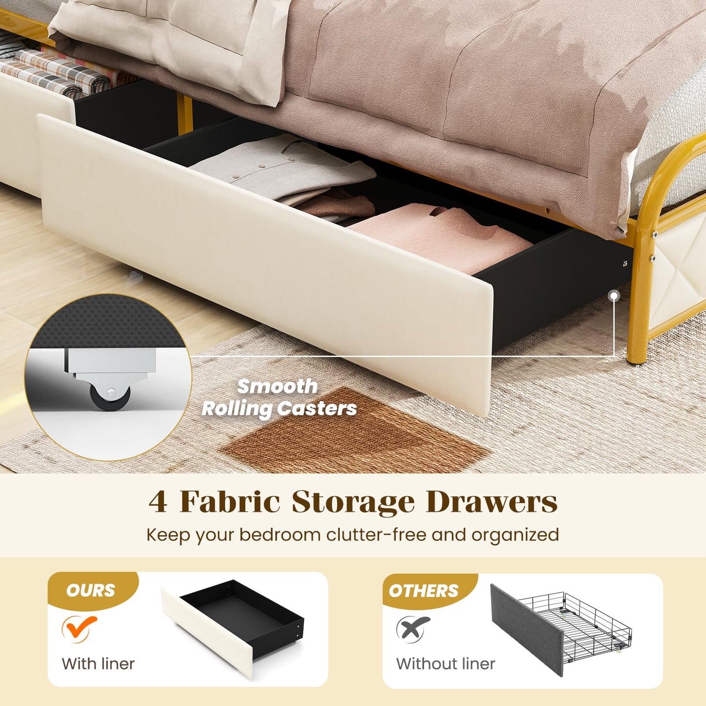 Giantex Queen Bed Frame with 4 Storage Drawers and Charging Station, Queen Size Platform Bed w/LED Lights & Linen Upholstered Headboard, No Box Spring Needed, Metal Queen Storage Bed, Gold & Beige