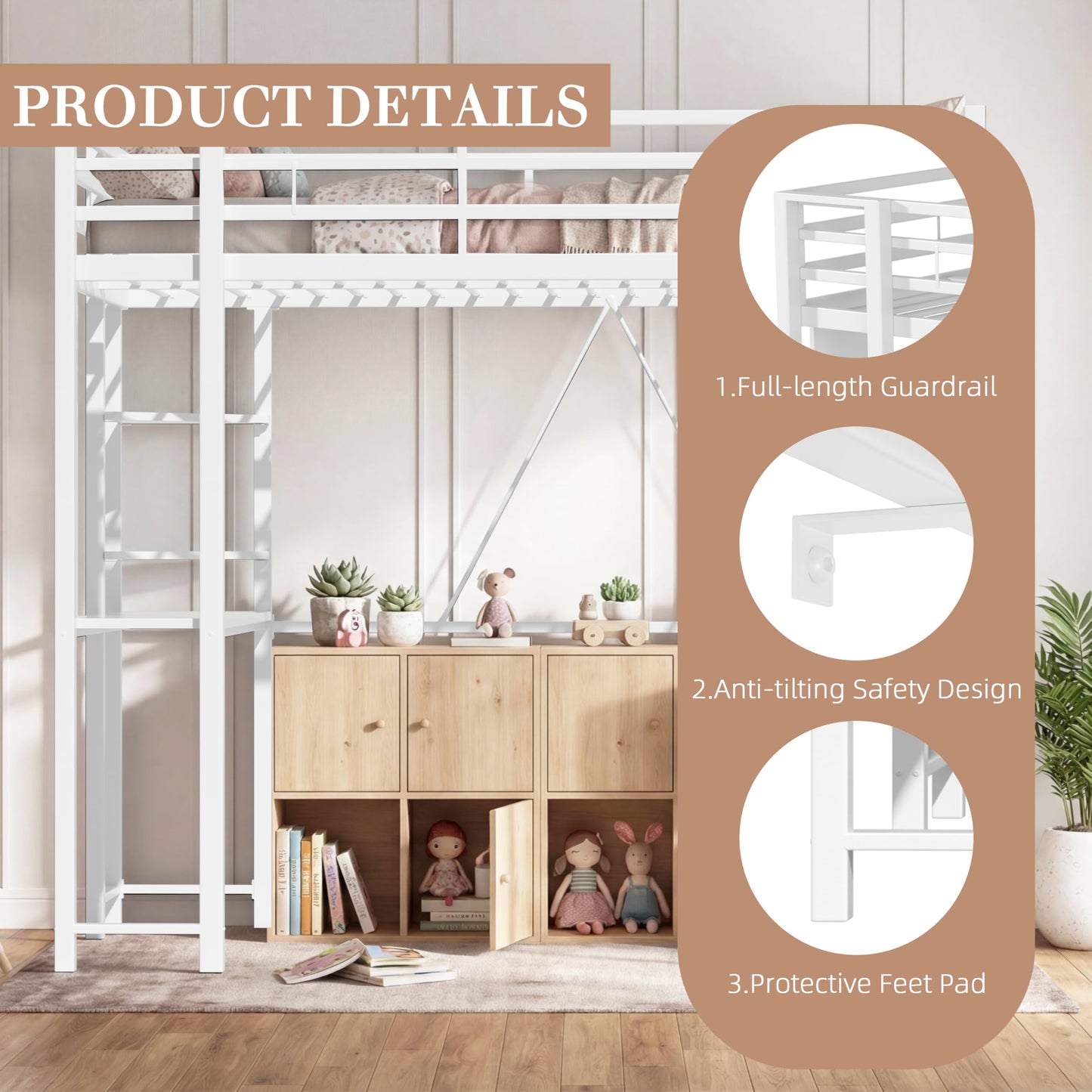 Nuturelly Loft Bed Full Size with Desk and Storage Shelves, Metal Bed Frame with with 2 Side Ladders for Teens & Adults, Space-Saving, Noise-Free, No Box Spring Needed, White