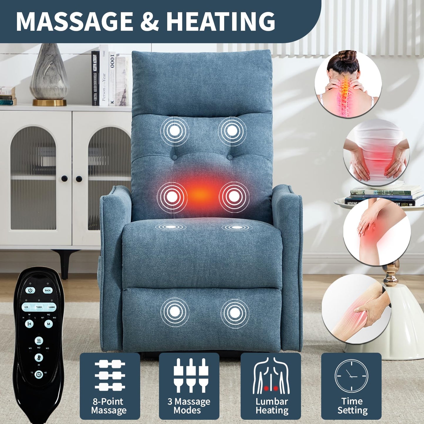 KEIKI Single Motor Power Lift Recliner Chair with Massage and Heat for Home Theater, Soft Fabric Finish with USB Charging Port and Motion Mechanism for Elderly