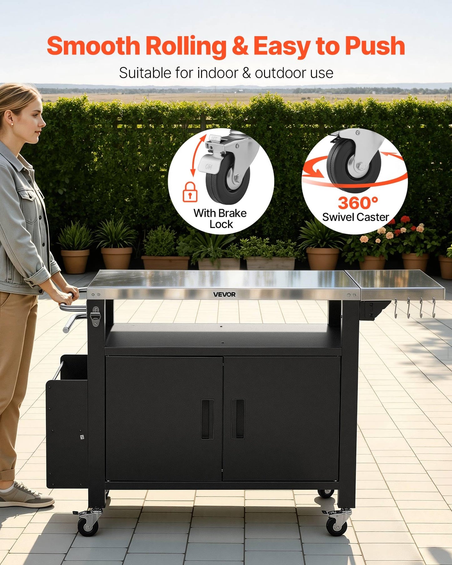 VEVOR Outdoor Grill Cart with Storage Cabinet, 55.1 Inch Grill Table, Waterproof Kitchen Island with Stainless Steel Top, Shelf, and Wheels, Movable Food Prep Station for Patio Bar Backyard BBQ
