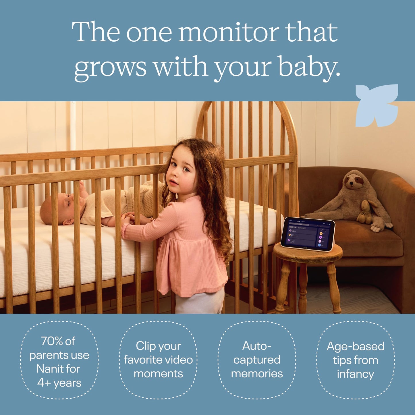 Nanit Pro Smart Baby Monitor - Camera & Floor Stand - 1080p Wi-Fi Video Camera, 2-Way Audio, See Your Baby from Anywhere, Sound/Motion/Cry Notifications, Night Vision