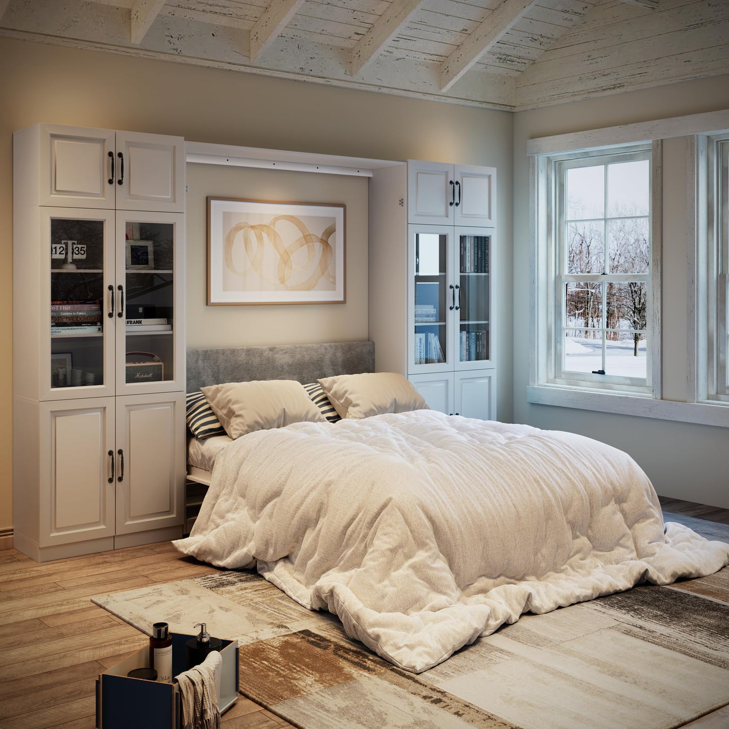 Bobve Farmhouse Murphy Bed Queen, 85" Wall Bed Folds to Save Space, Concealed Bed Frame with 2 Glass Storage Cabinets and Wall Mounted Features for Apartment/Office/Guest Room