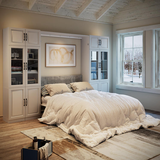 Bobve Farmhouse Murphy Bed Queen, 85" Wall Bed Folds to Save Space, Concealed Bed Frame with 2 Glass Storage Cabinets and Wall Mounted Features for Apartment/Office/Guest Room