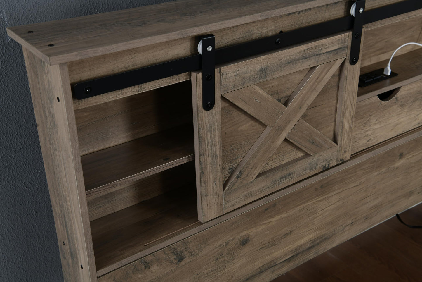 KEIKI Farmhouse Queen Bed Frame with Storage Headboard & Drawers, Rustic Wooden Platform Bed with Sliding Barn Door Design, Modern Bedroom Furniture, No Box Spring Needed, Noise Free, Grey