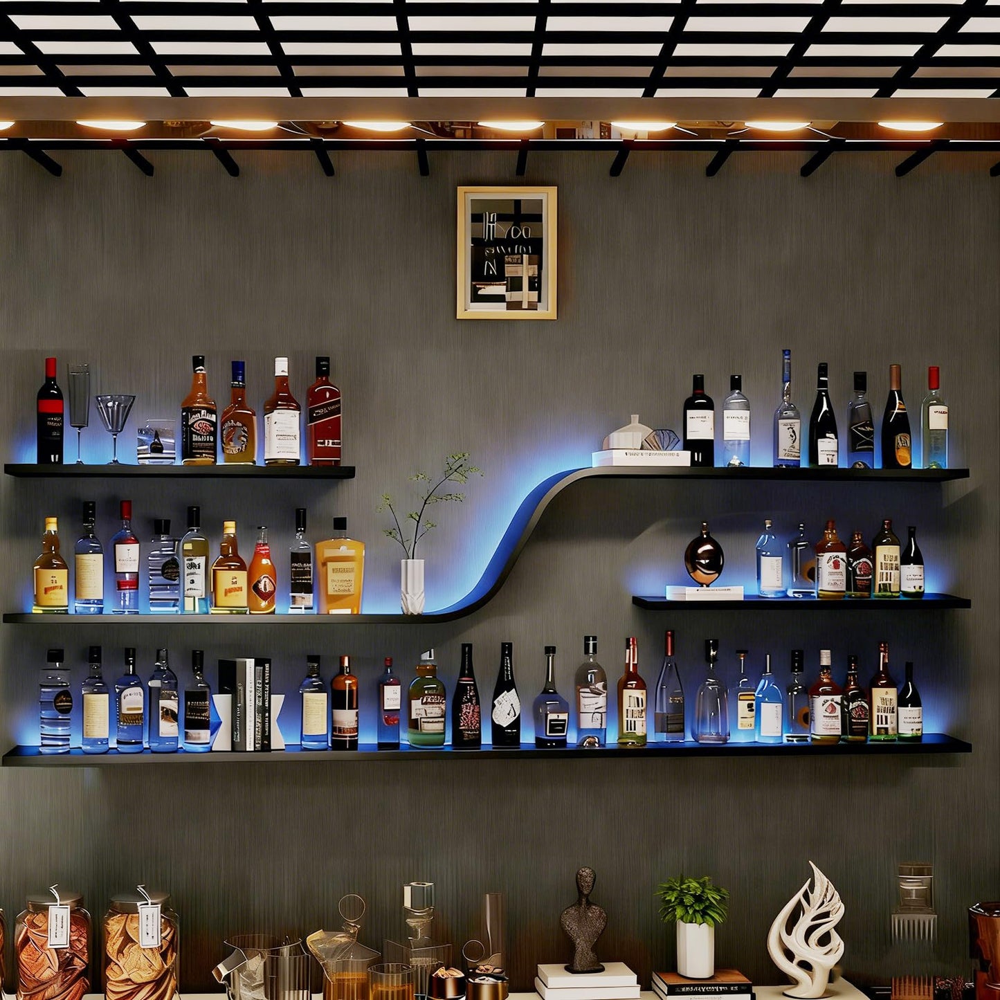 VITNSVILE 59IN Modern Wall Mounted Wine Rack with Blue LED Light
