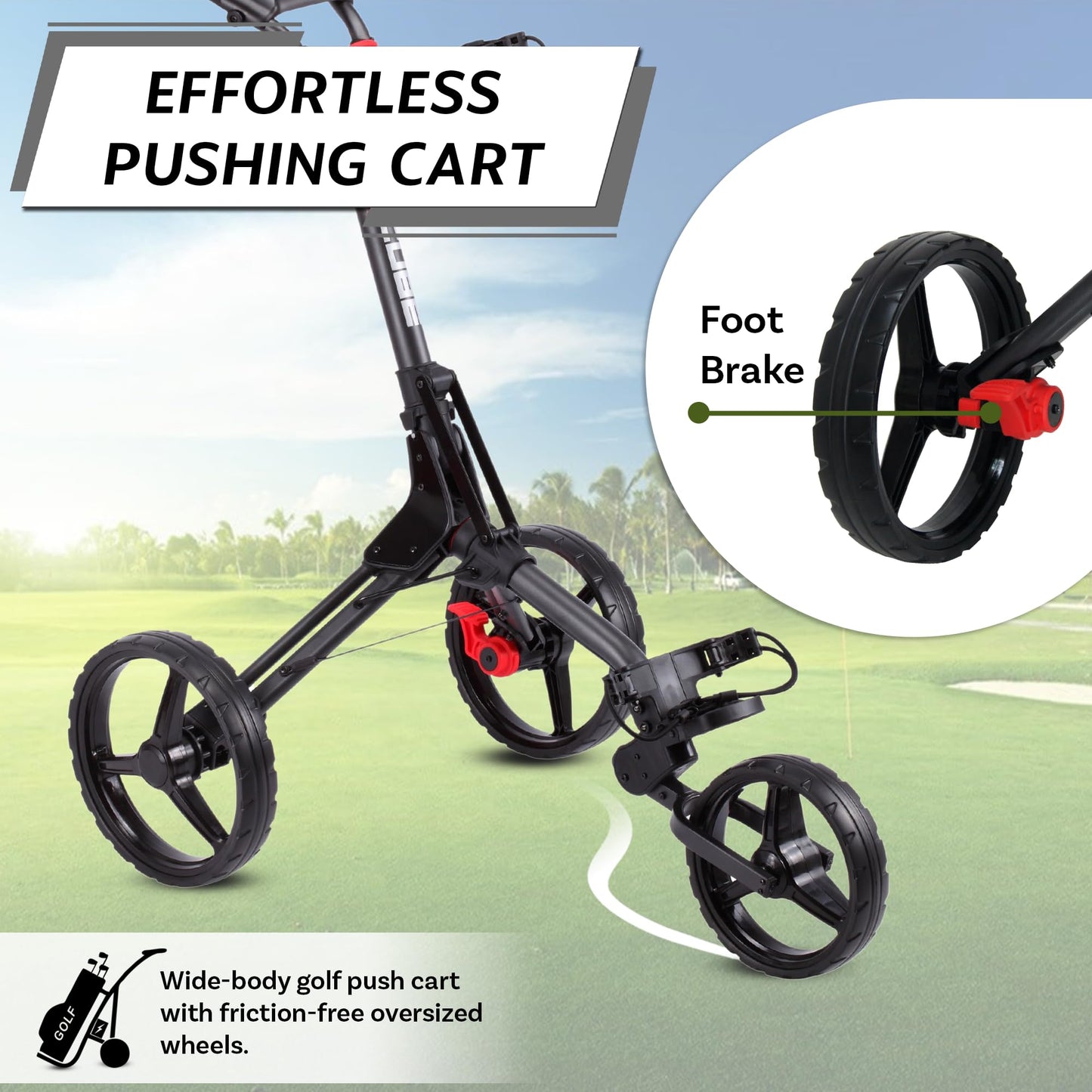 CUBE CART 3-Wheel Golf Push Cart – Ultra-Compact 14.5 lb Folding Golf Trolley, Two-Step Fold, Adjustable Handle, Foot Brake, Umbrella Holder & Built-in Storage - Charcoal/Black