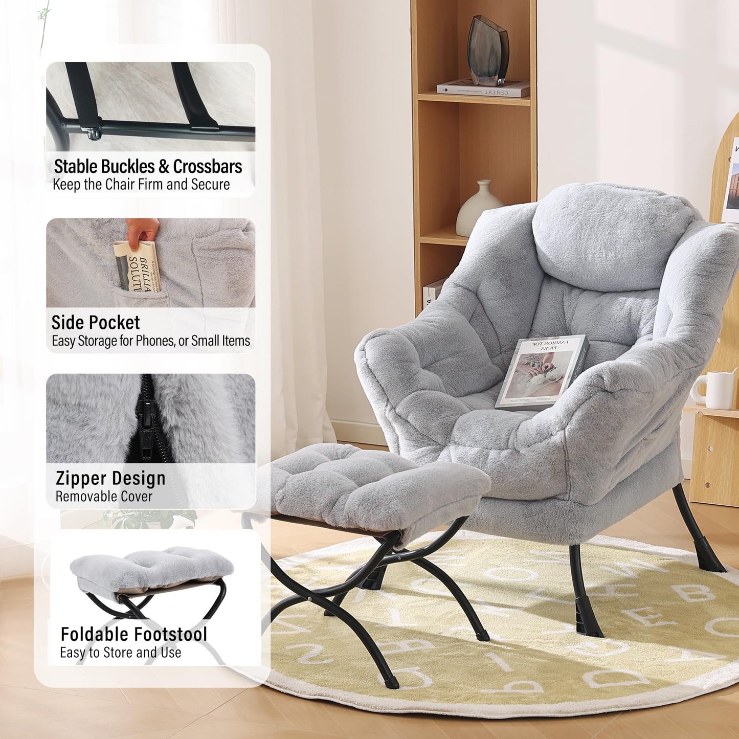 Furlide Lazy Chair with Ottoman, Modern Accent Chair with Armrests and a Side Pocket, Plush Grey Accent Chairs, Reading Chairs, Oversized Armchairs for Bedroom, Study, Living Room, Courtyard