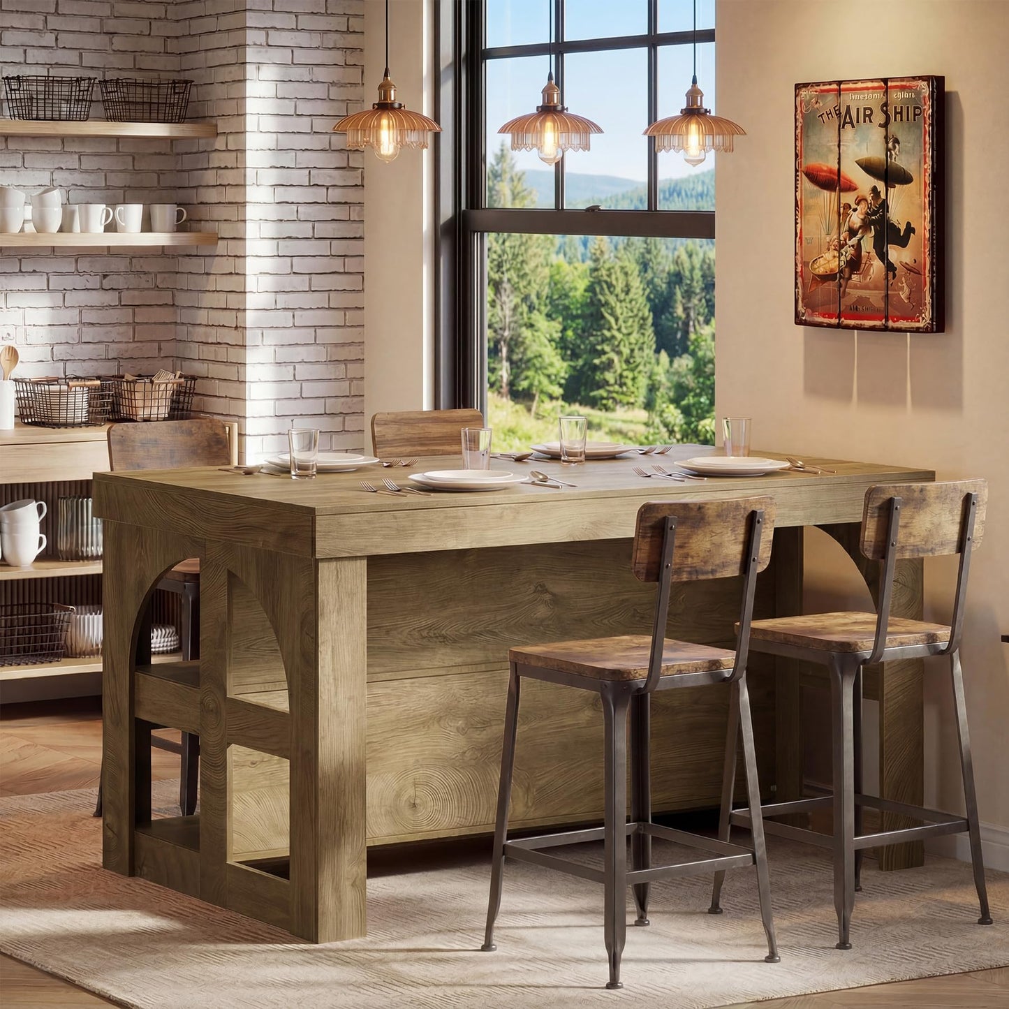 LITTLE TREE Kitchen Island with Storage, 55-Inch Large Stationary Center Island with Seating Space & 3 Shelves, Farmhouse Wooden Bar Table for Kitchen, Rustic Brown