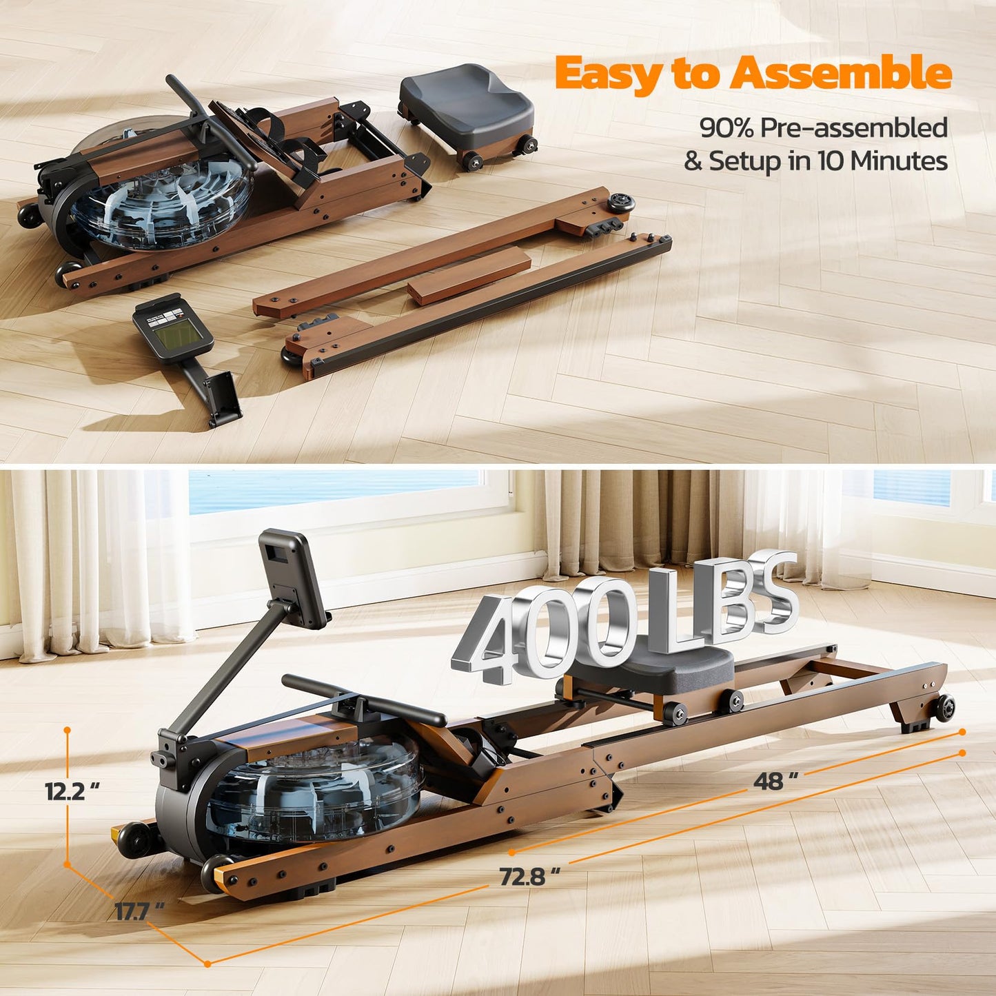 Dripex Rowing Machines for Home Foldable, Water Rowing Machine Max 400 LBS, Rower with Smooth Slide Rail, Comfortable Seat,Bluetooth App Supported,LCD Monitor, Wooden Row Machine for Home Gym Exercise