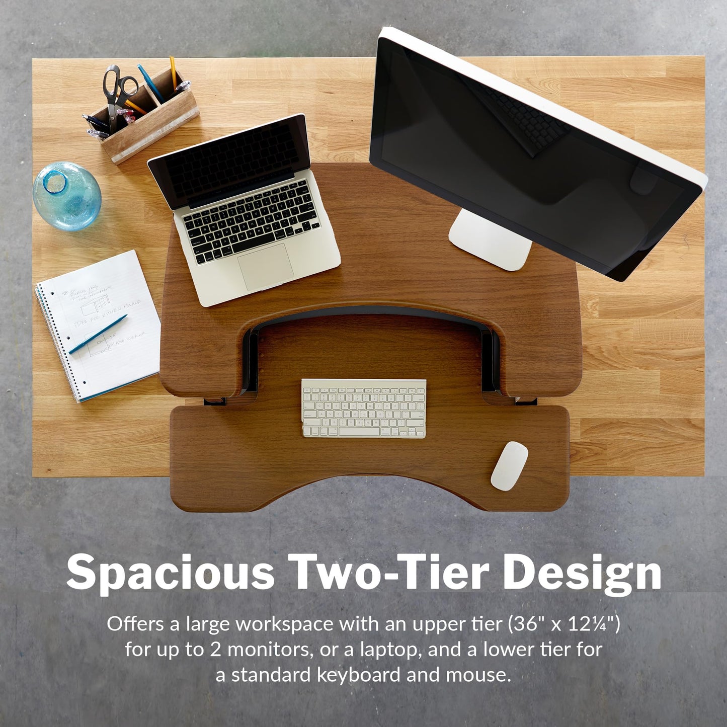 Vari VariDesk Pro Plus 36 Standing Desk Converter – 11 Height Settings + Spring Lift, 2 Tier Design, Keyboard Tray, Fits Desktops 36” Wide x 26.5" Deep – Delivers Fully Assembled (Walnut)