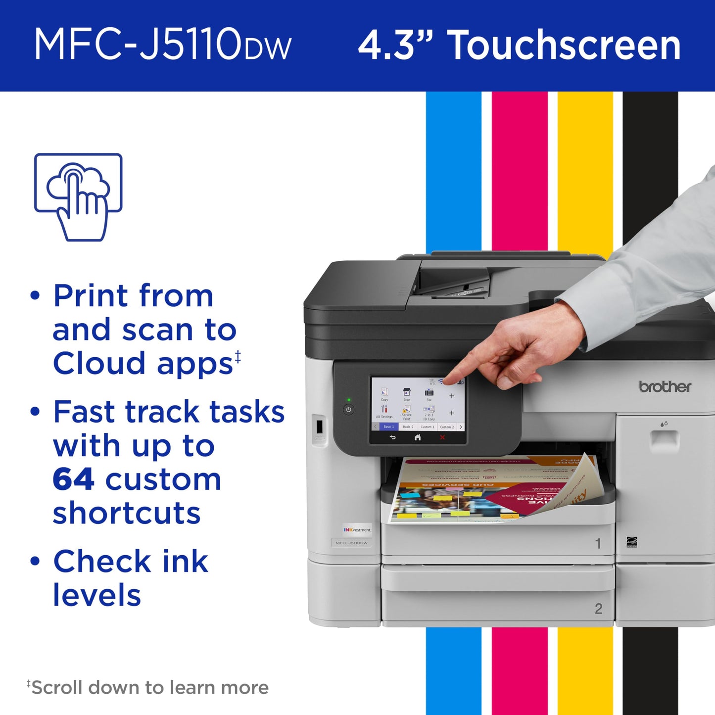 Brother INKvestment 5110 Wireless Color Inkjet All-in-One Printer with a 500-sheet Paper Tray Capacity and a 4.3” Color Touchscreen (MCF-J5110DW)