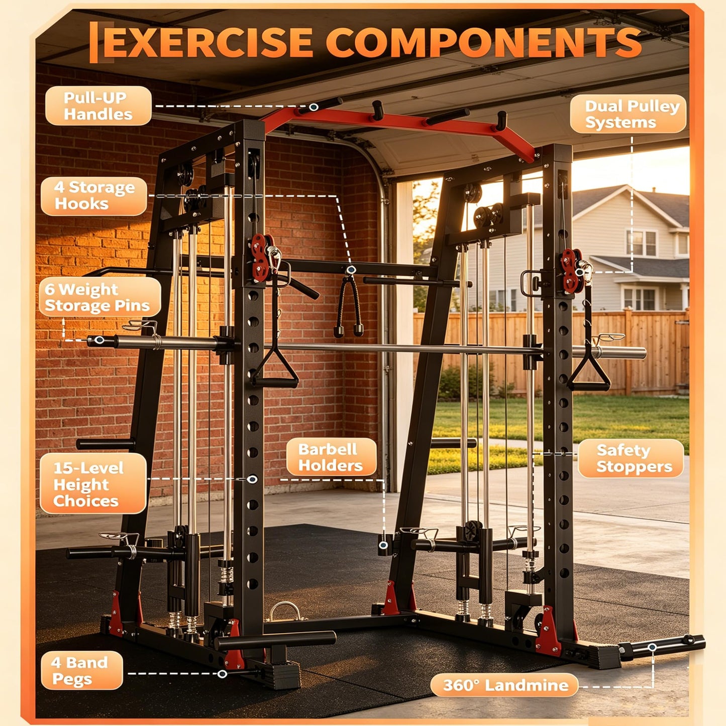 Smith Machine All-in-1 Home Gym, 2000 LBS Capacity Power Cage with Dual Independent Pulley System, 360° Landmine, Pull-Up Bar & Weight Storage – Heavy Duty Full Body Workout Station for Home & Garage