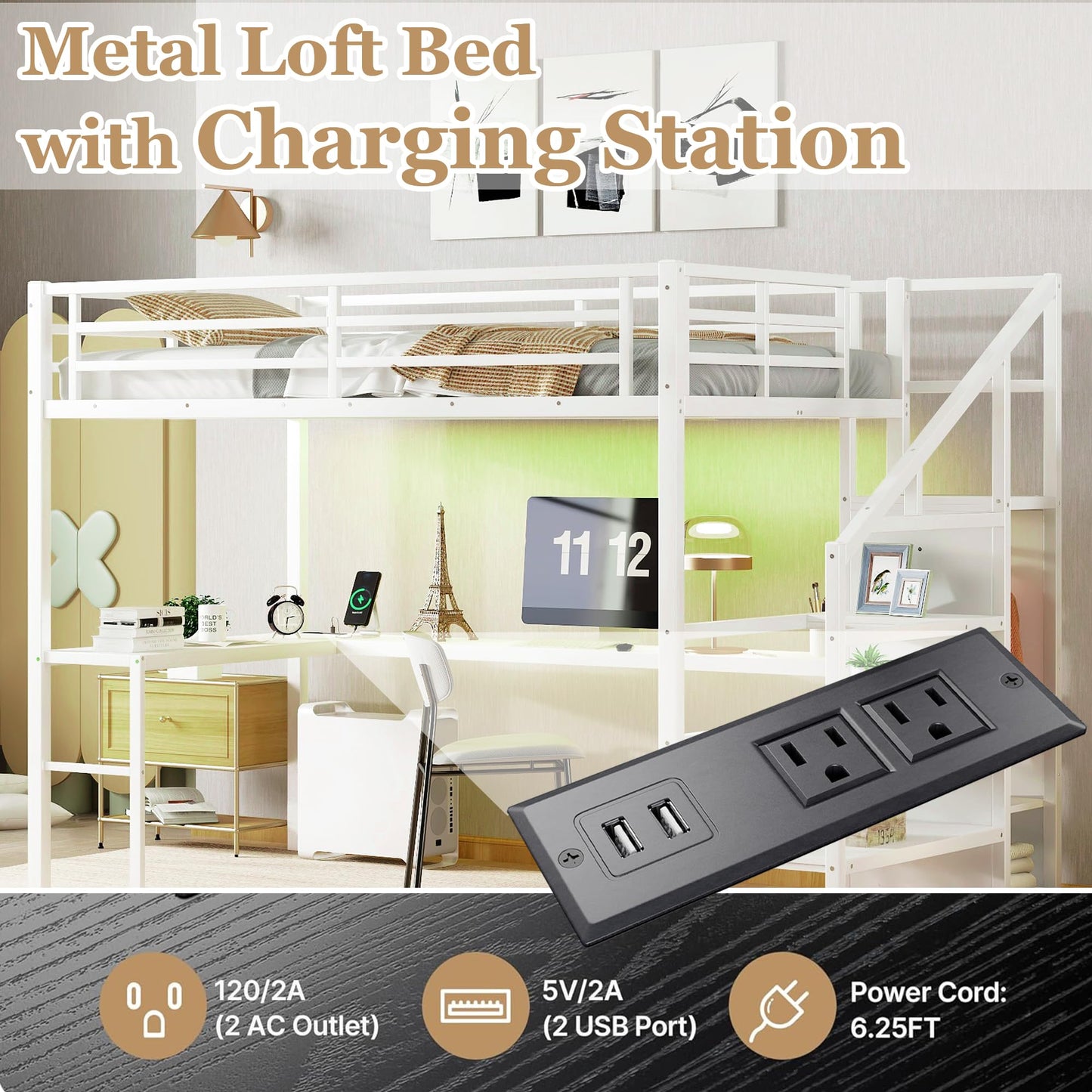 Bellemave Full Size Metal Loft Bed with L Shaped Desk and Wardrobe, Heavy Duty Loft Bed Frame with Storage Stairs, LED Loft Bed Frame with Charging Station & Safety Guardrails, White