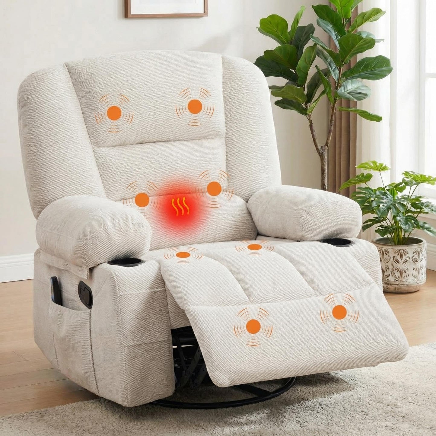 Oversized Wide Recliner Chair with Vibration Massage and Heat, 360° Swivel Recliner Glider for Adults,Chenille Fabric Manual Reclining Single Sofa with Cup Holders & Side Pockets for Living Room,White