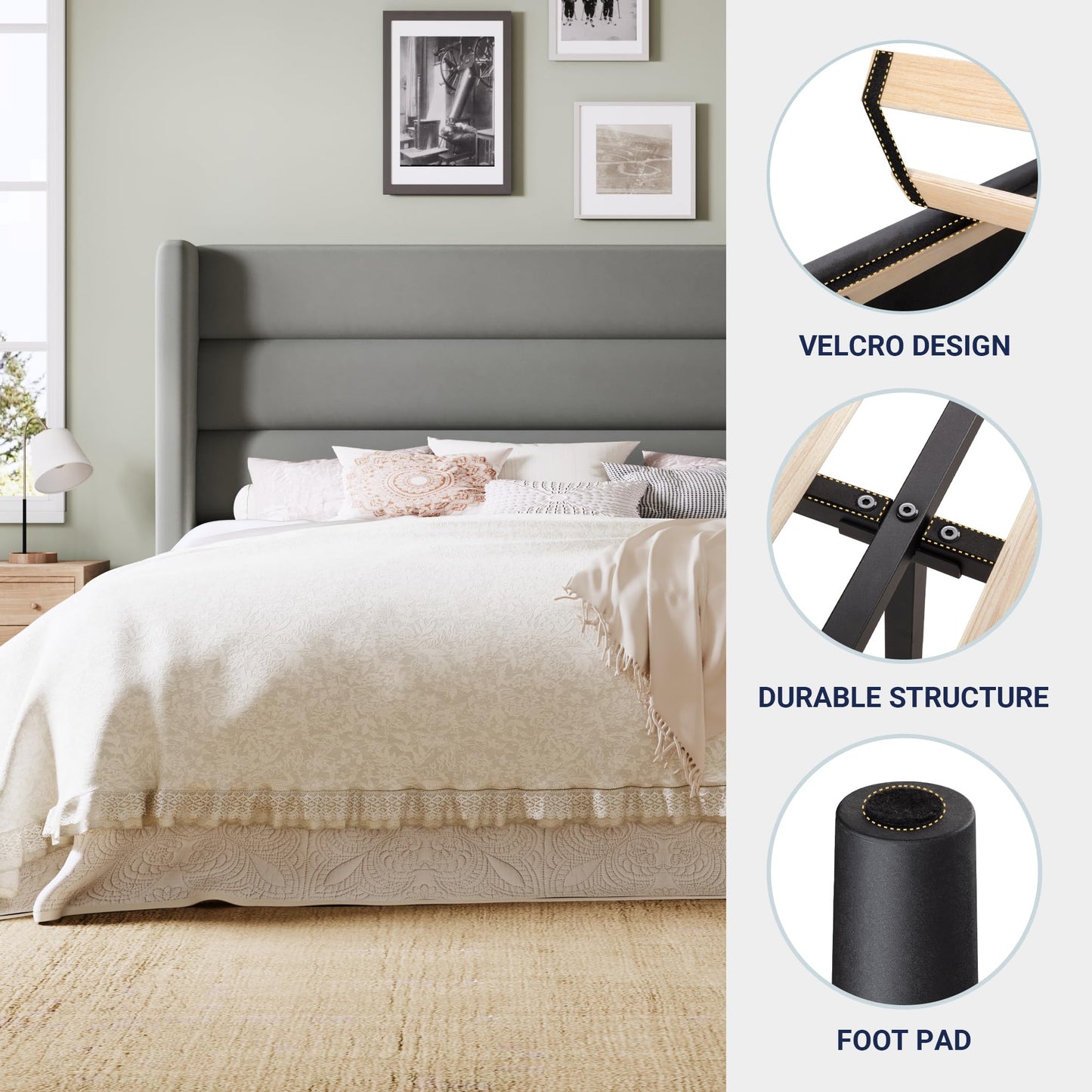 Allewie King Size Platform Bed Frame with Velvet Upholstered Wingback Headboard, No Box Spring Needed, Under Bed Storage Space, Strong Wooden Slats, Modern Mattress Foundation, Easy Assembly, Grey