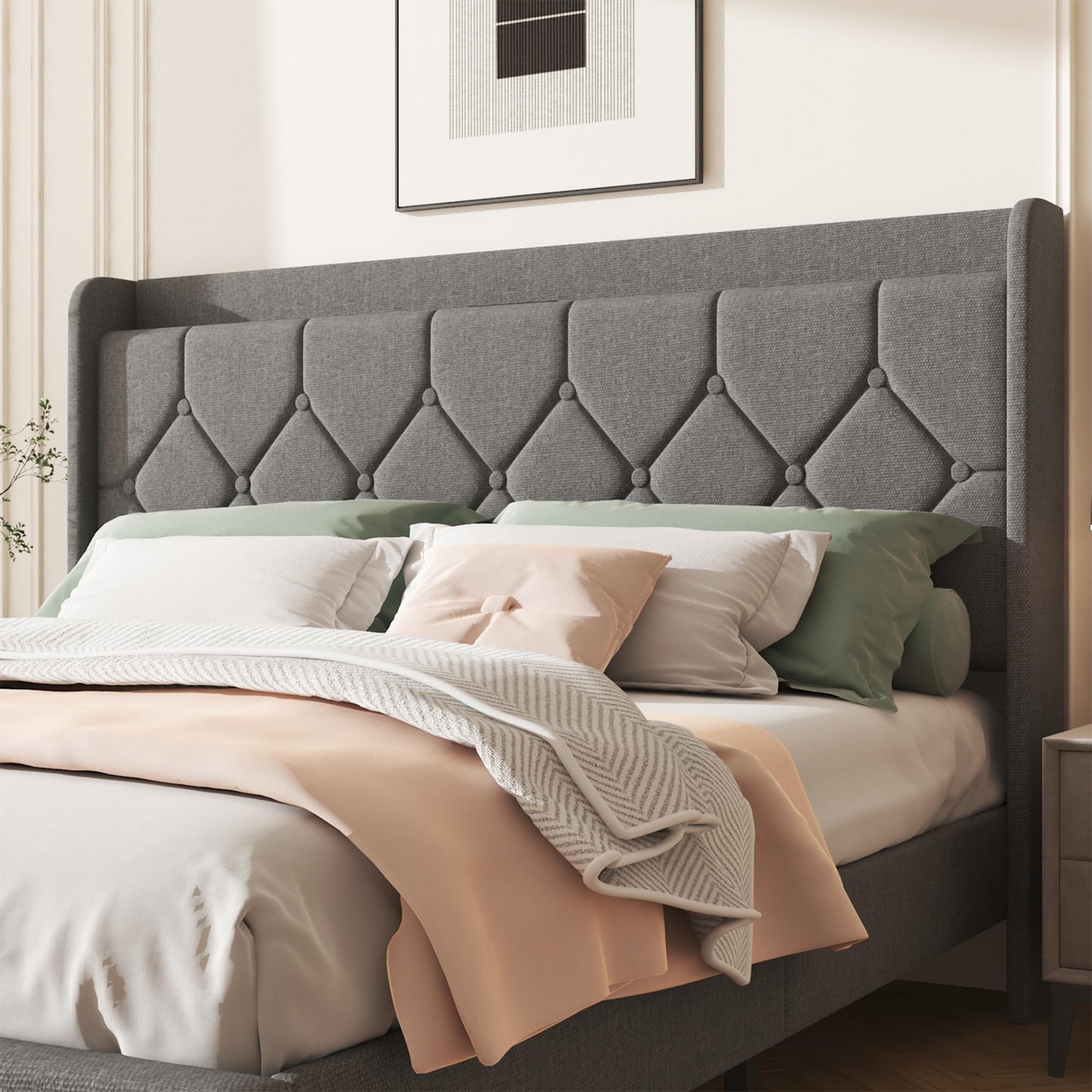 Lcwtvgxr Full Size Bed Frame with Diamond Tufted Linen Headboard & Storage Shelf, Space-Saving Platform Bed with Wood Slats & Sturdy Metal Frames, No Box Spring Needed, Easy Assembly, Gray