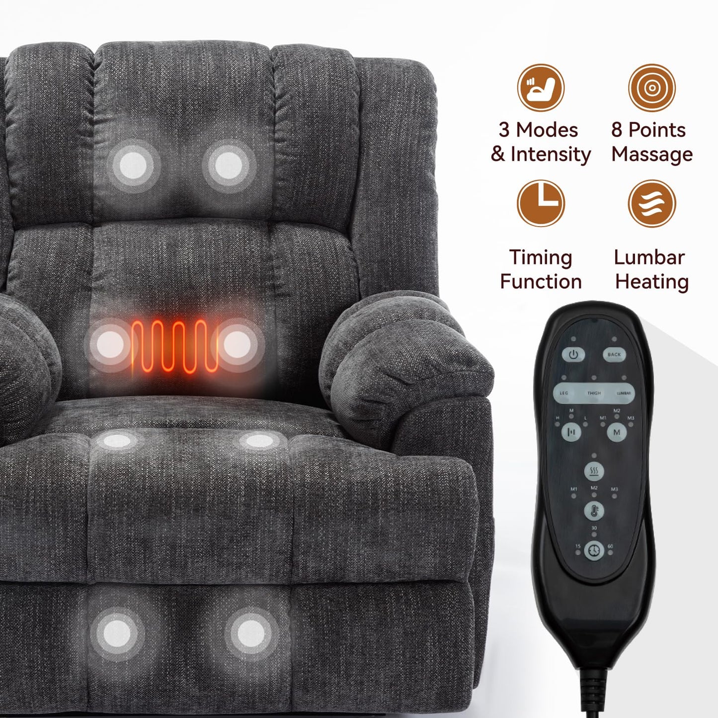 GDFStudio Dual Motor Power Lift Recliner Chair with Massage and Lumbar Heat, Heavy Duty Electric Reclining Chair with Remote Control, Supports Up to 350 LBS, Grey
