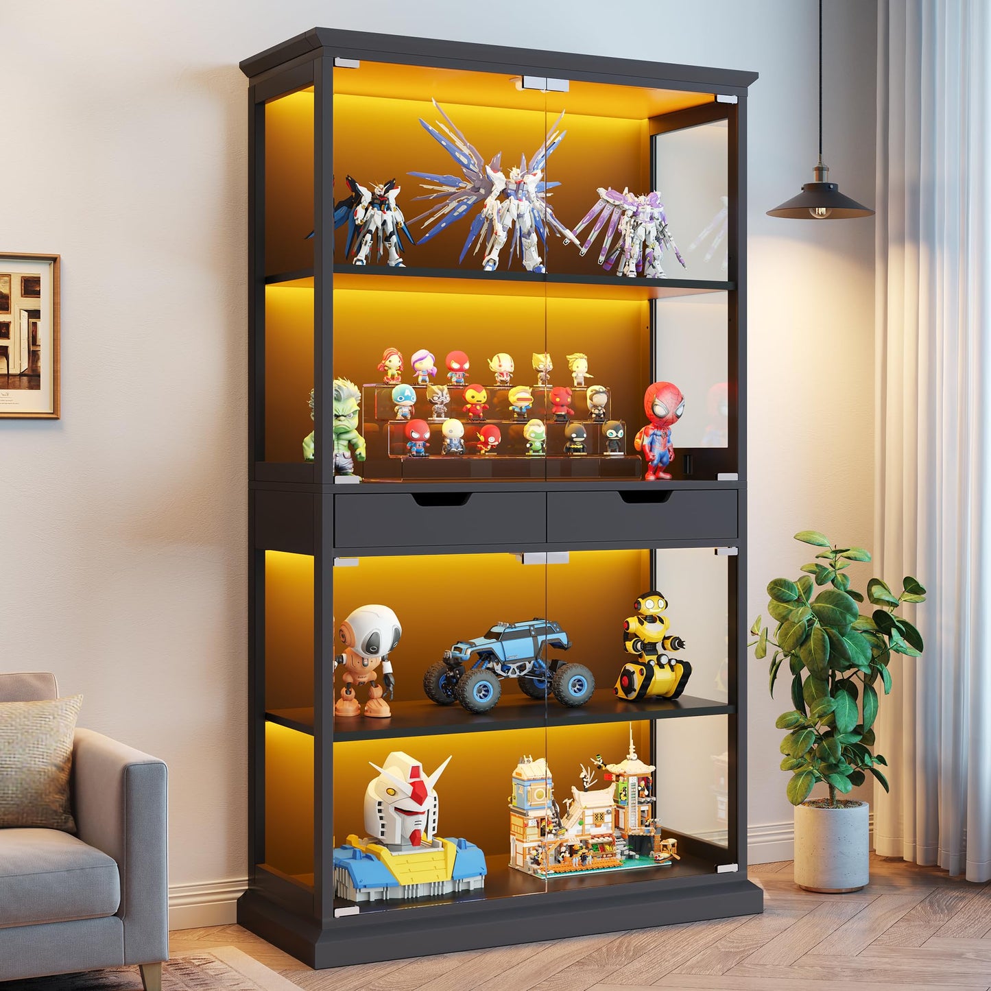 Jocoevol Display Cabinet with Glass Doors, 4-Tier Curio Cabinet with with 2 Drawers for Collectibles, Modern Glass Display Case Human Body Sensor & RGB Lights for Living/Game Room