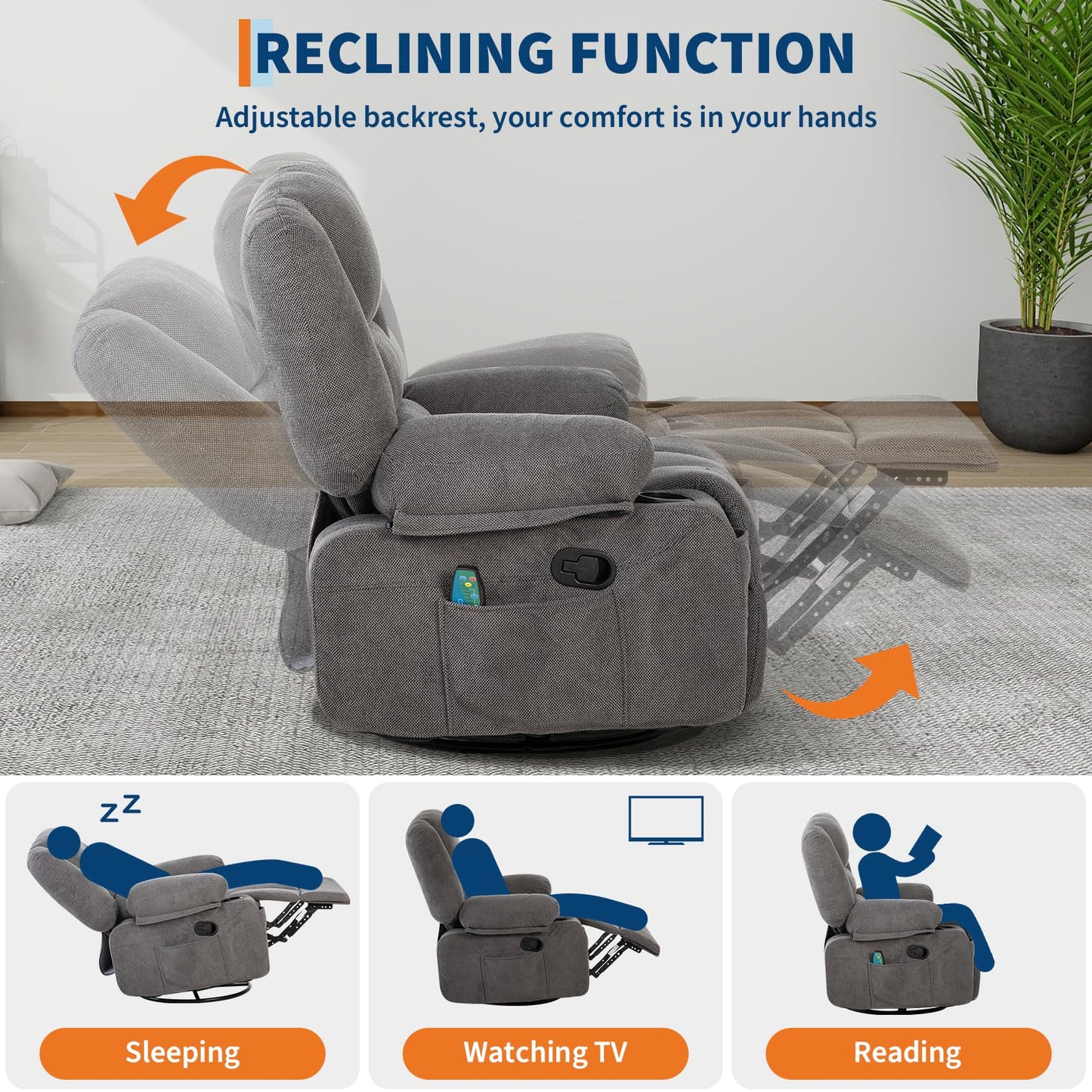 Massage Rocking Recliner Chair with Vibration and Heat, 360° Swivel Chenille Rocker Chairs for Living Room, Home Theater Seating with Cup Holders & Side Pocket for Adults, Living Room, Bedroom, Grey