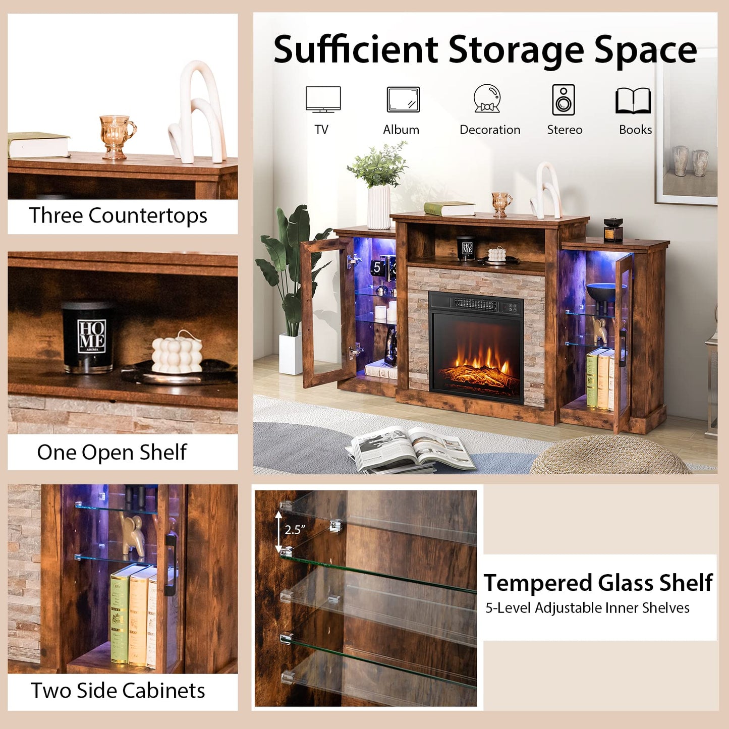 Tangkula Electric Fireplace TV Stand, Electric Fireplace Mantel with 16-Color Led Lights, Adjustable Glass Shelves, Remote & Smart APP Control, TV Console for Living Room