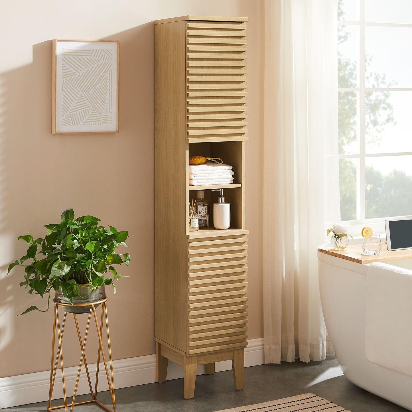 Modway Render Tall Narrow Bathroom Storage Tower in Oak - 63” Freestanding Linen Cabinet with Open Shelves and 2 Soft-Close Doors - Slim Towel and Makeup Organizer