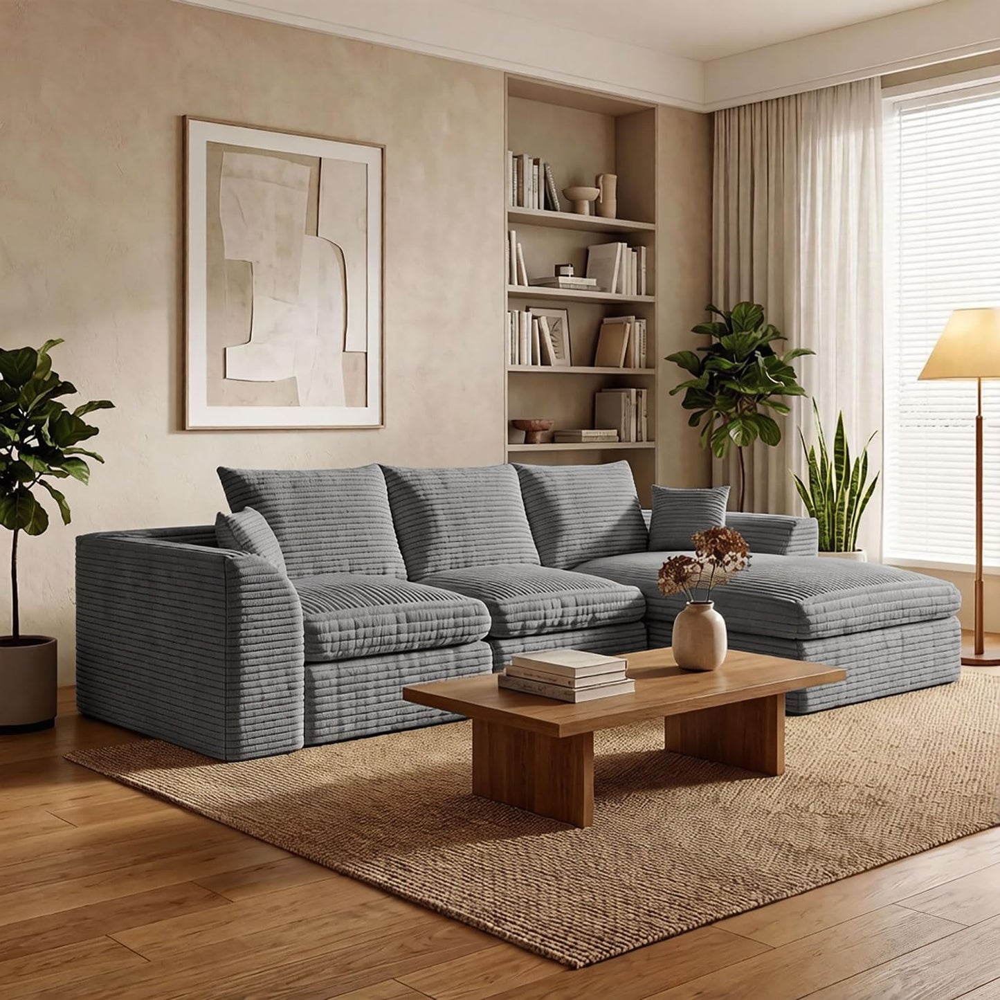 102-Inch L-Shaped Modular Boneless Cloud Sectional Sofa 4 Seat Floor Foam Sofa Couches Deep Seat with Ottoman,Comfy Corduroy Upholstered 4 PCS Compressed Cloud Couch