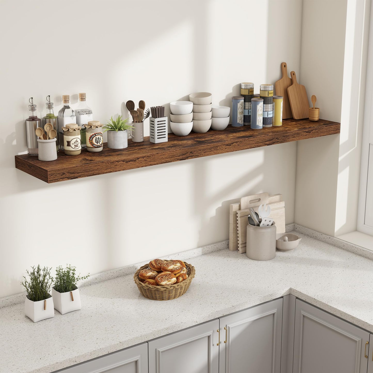 Fun Memories 72 Inch Fireplace Mantel Shelf, 12 Inch Deep Shelves for Display & Wall Storage, Rustic Wood Wall Shelf, Extra Long Floating Shelves for Living Room Laundry Room, Rustic Brown, Set of 2