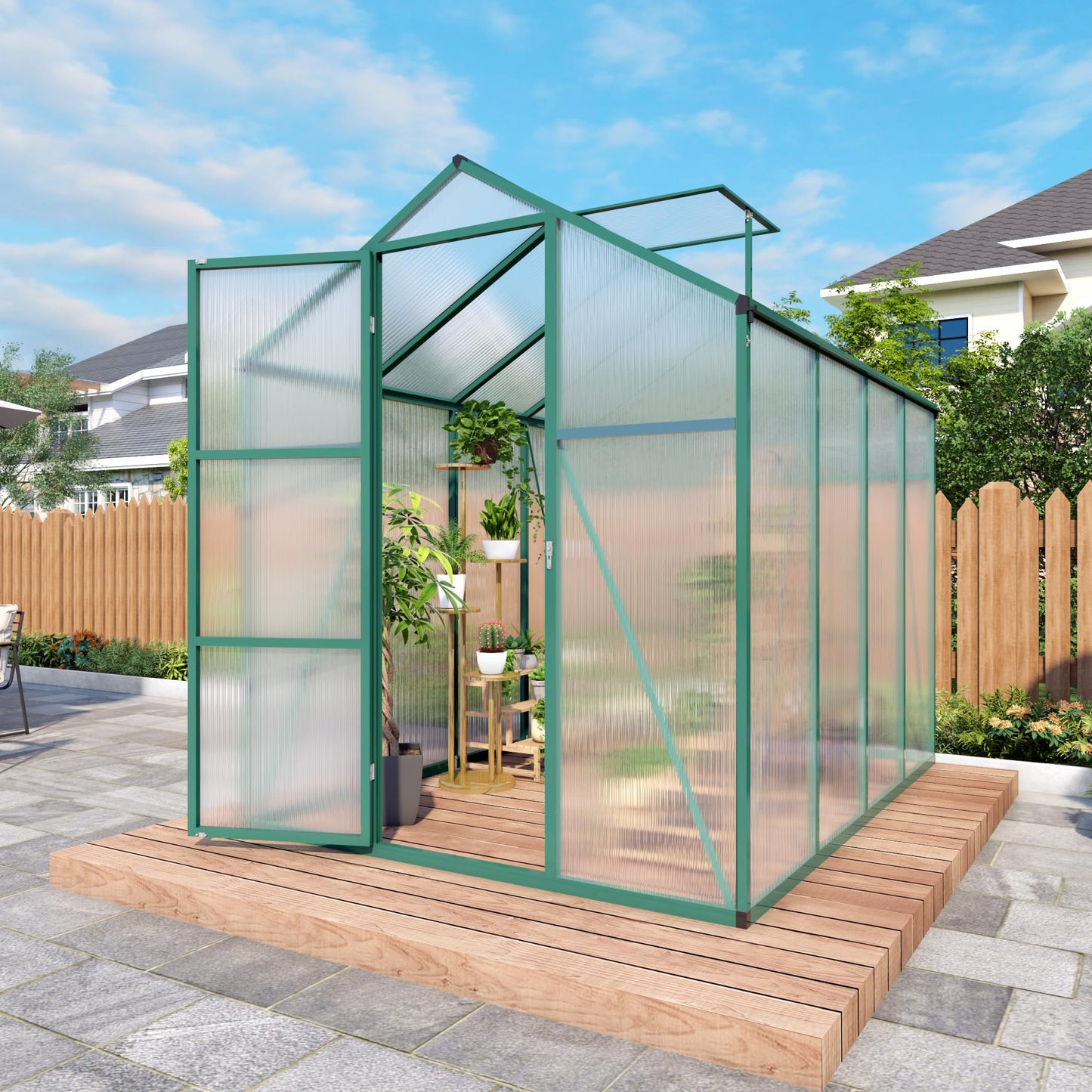 6x10FT Walk-in Polycarbonate Greenhouse Kit, Heavy Duty Aluminum Frame Outdoor Greenhouse with Raised Base, Vent & Drainage System, UV Resistant Plant House for Backyard Garden All Season Use