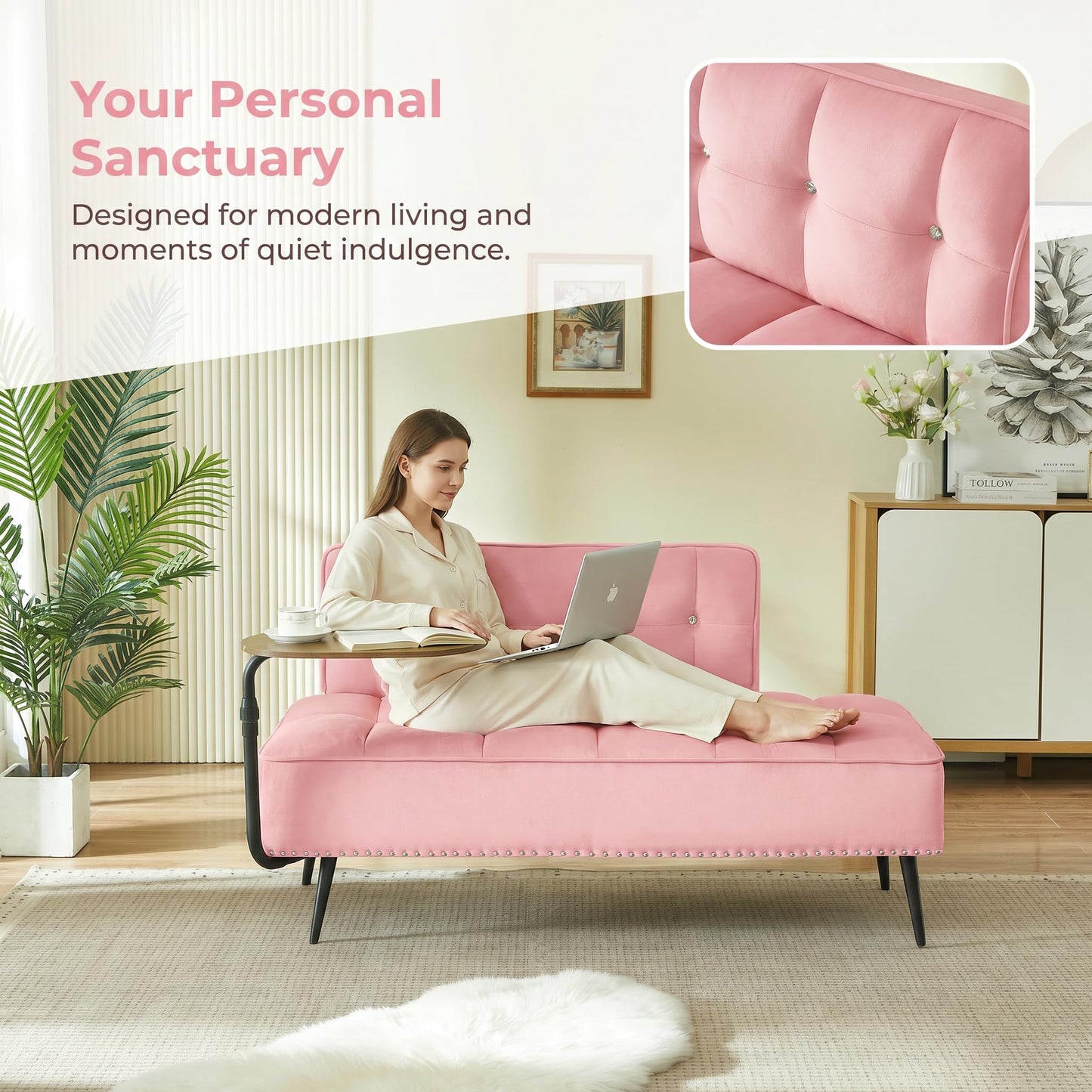 Trygoal Velvet Loveseat Sofa Couch, Futon Sofa Couch with 360° Swivel Side Table, Small Couches with Backrest and Foam Cushion for Small Spaces, Entryway Bench, Apartment, Bedroom, Pink