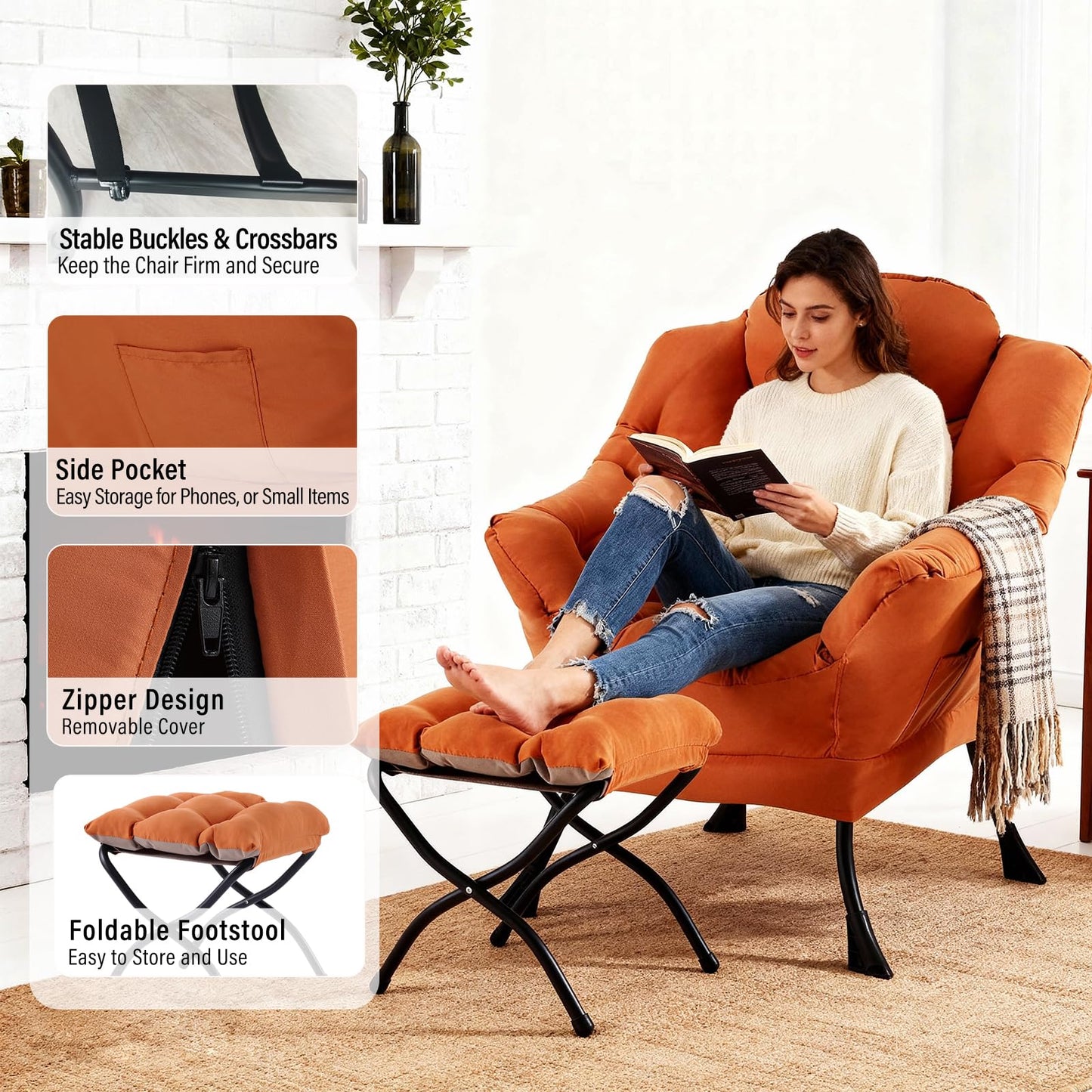 Furlide Lazy Chair with Ottoman, Modern Accent Chair with Armrests and a Side Pocket, Orange Accent Chairs, Reading Chairs, Oversized Armchairs for Bedroom, Study, Living Room, Courtyard
