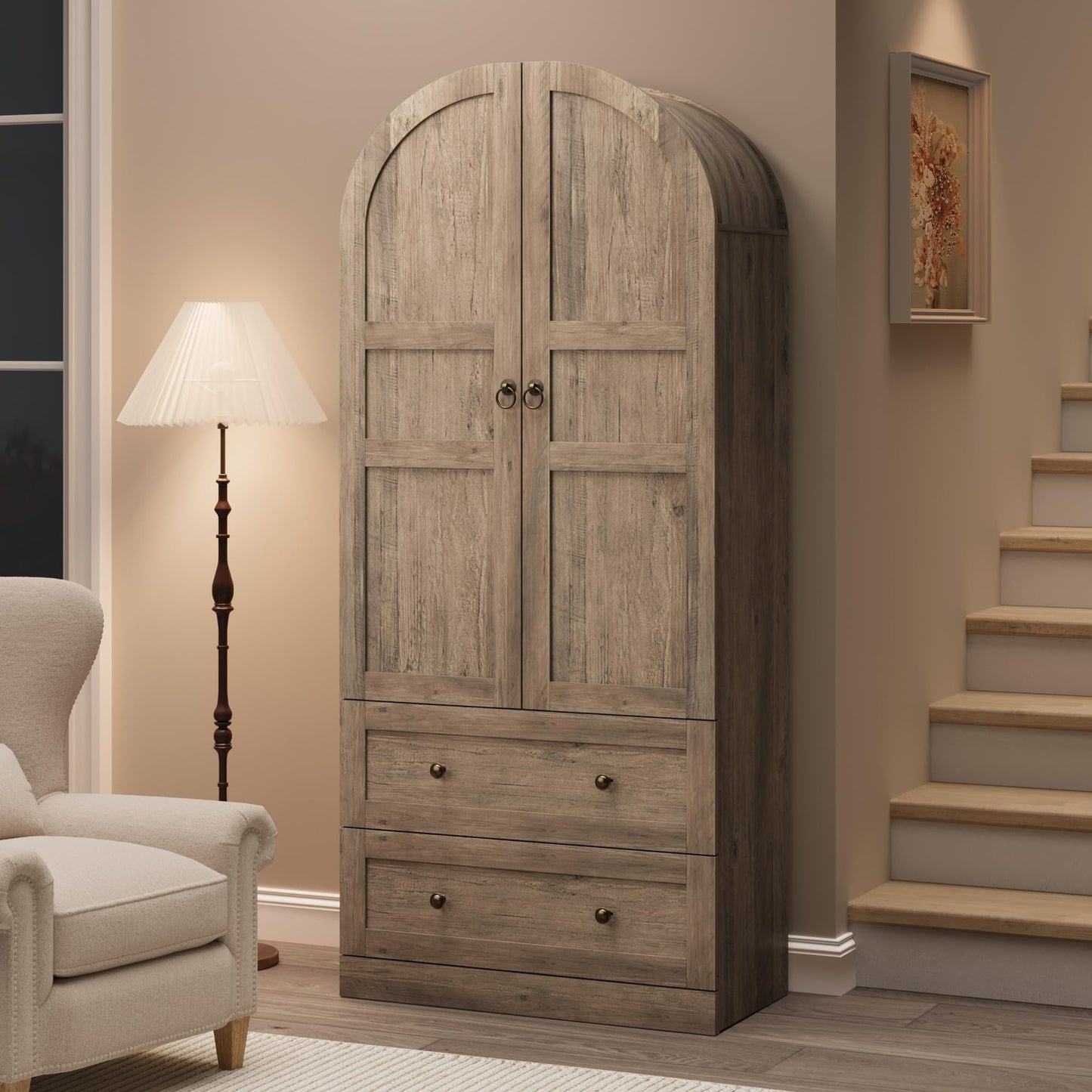Garvee 72" Tall Dome Bookcase with Drawers, 4-Tier Wooden Bookshelf Storage Cabinet with Door, Farmhouse Arched Cabinet with Storage, Wood Arch Bookcase for Home Office, Living Room, Gray
