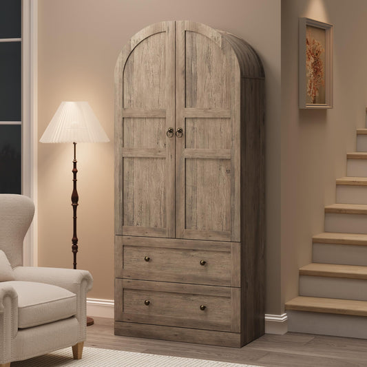 Garvee 72" Tall Dome Bookcase with Drawers, 4-Tier Wooden Bookshelf Storage Cabinet with Door, Farmhouse Arched Cabinet with Storage, Wood Arch Bookcase for Home Office, Living Room, Gray