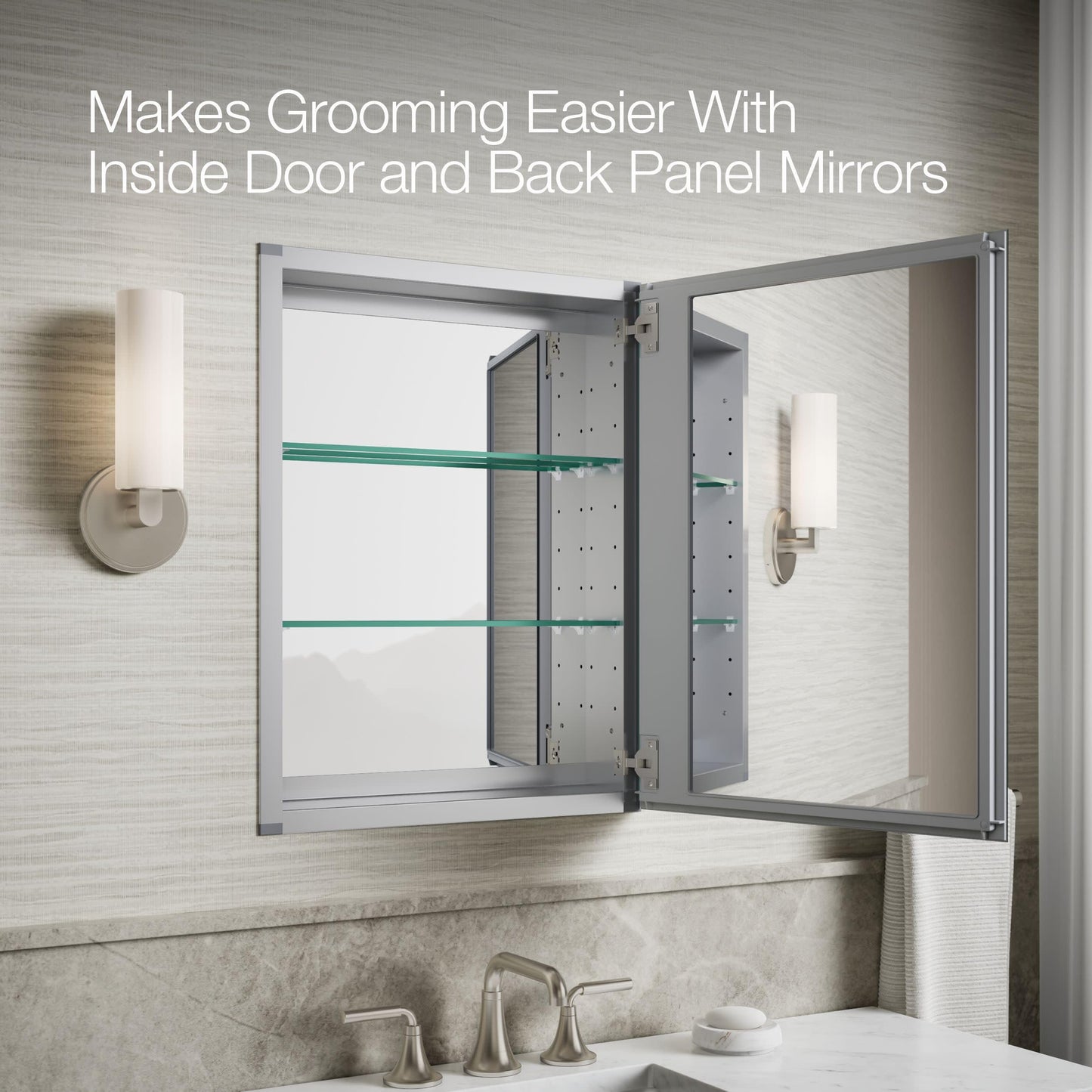 Kohler CB-CLC2026FS Frameless Bathroom Mirror Medicine Cabinet, Single Door, Rectangular Beveled Edge Frame, Bathroom Cabinet Mirror, Adjustable Shelves, 20 in. W x 26 in. H