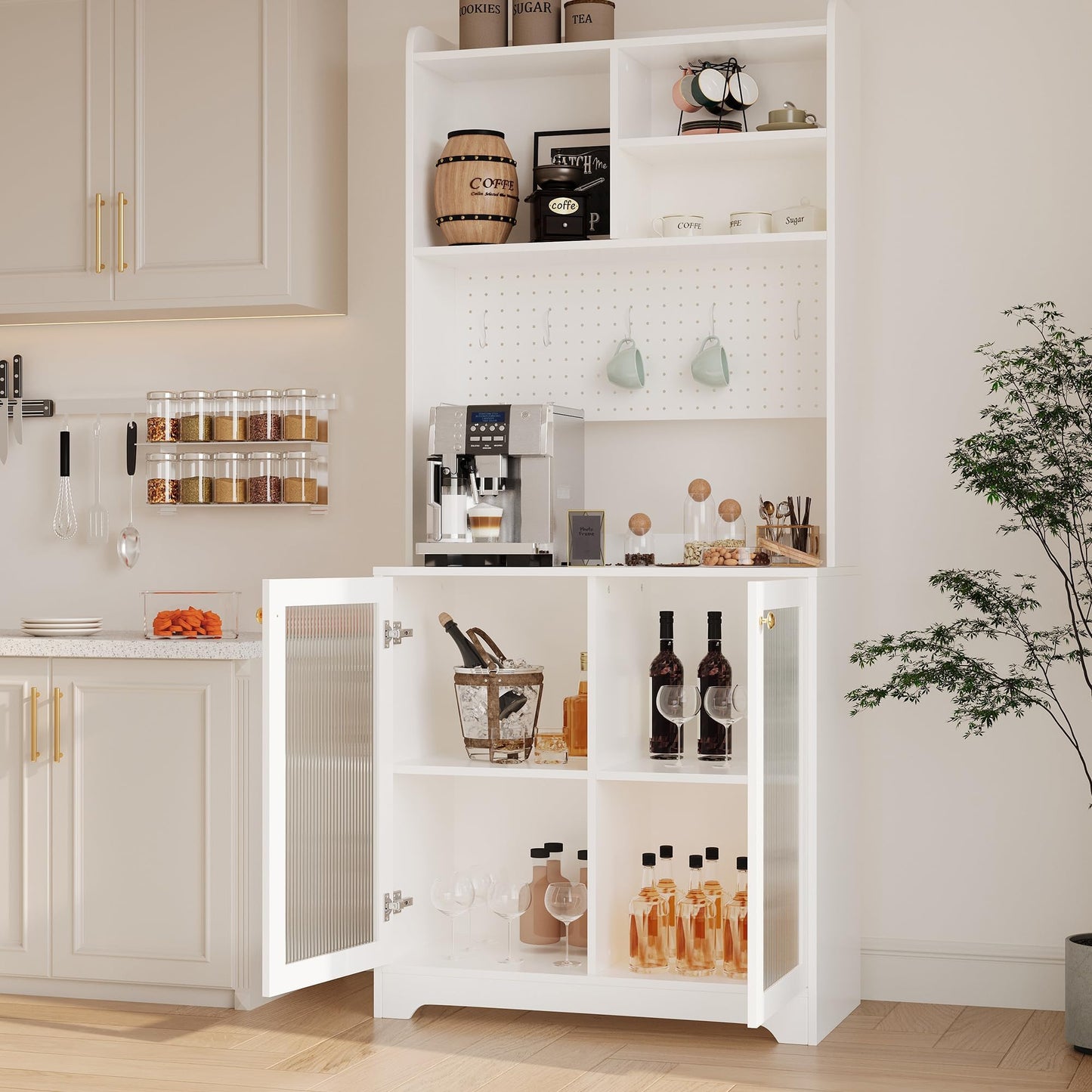71" Tall Pantry Cabinet with 2 Glass Doors, Freestanding Kitchen Storage Cabinet with Open Storage & Adjustable Shelves, Modern Farmhouse Cupboard Coffee Bar for Dining Room, Living Room, White