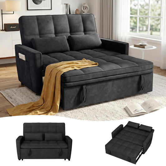 tiramisubest 54'' Sleeper Sofa Bed, Convertible Pull Out Couch Futon for for Living Room,Apartment (Black, Loveseat) Side Pockets, Velvet Fabric, Adjustable Backrest, Pull-Out Bed, Easy Assembly