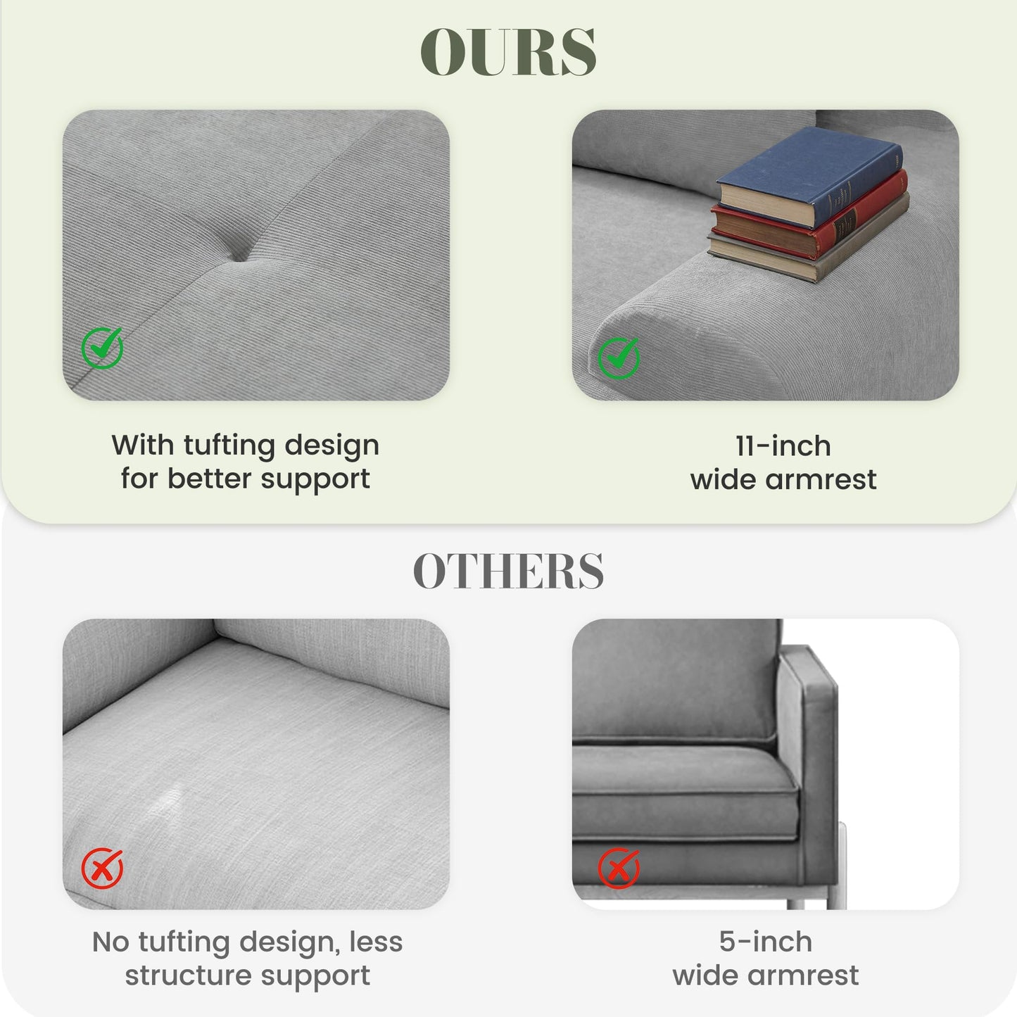 GRUSIGN 108'' Modular Sectional Boneless Couch, Tufted Cloud Sectional Couches for Living Room, L Shape Deep Seat Sofa with Ottoman & 3 Throw Pillows,Corduroy Oversized Couch,Light Grey